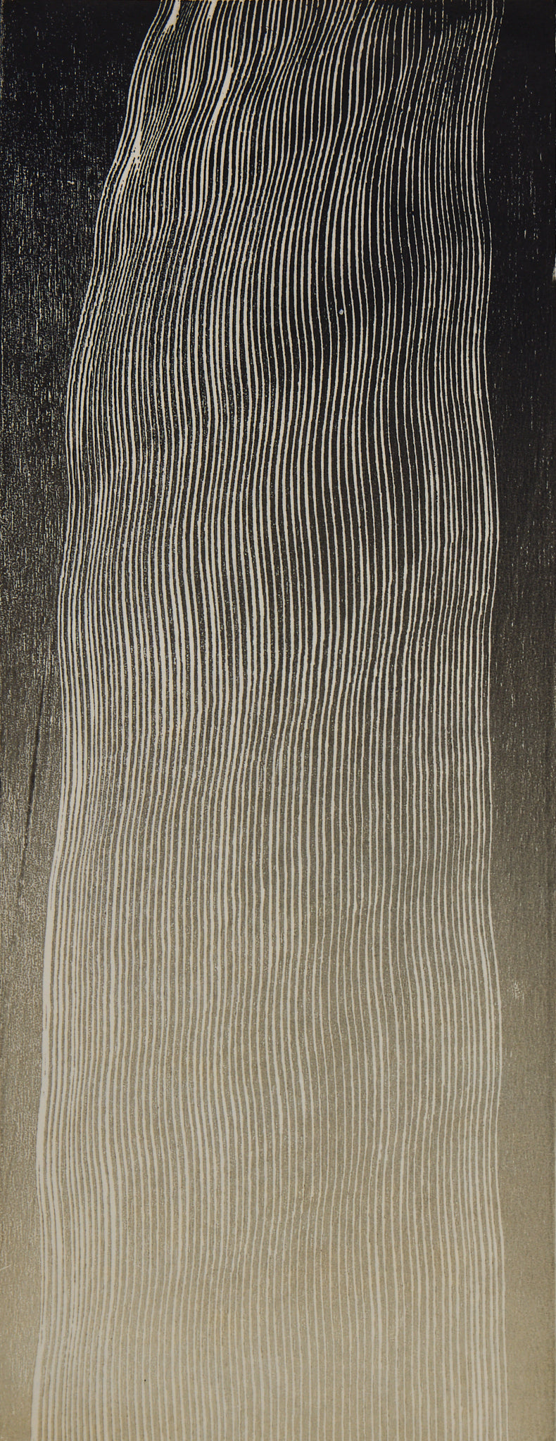 Holzschnitt Falls von Rod Nelson ARE, vertikale fließende Linien in Gold und Schwarz