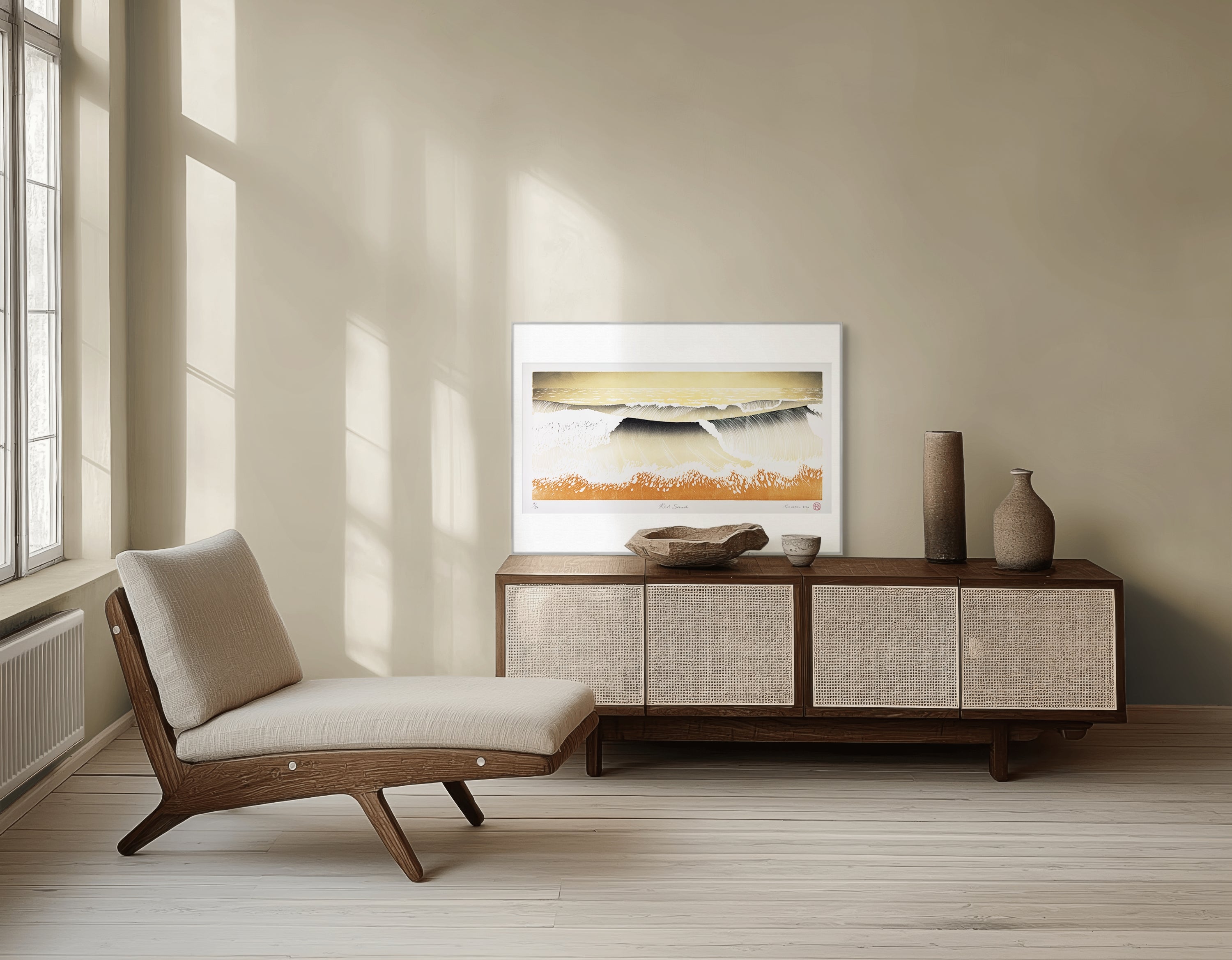 Nahaufnahme der Drucktextur eines Holzschnitts "Red Sand" von Rod Nelson, Ansicht 2.
