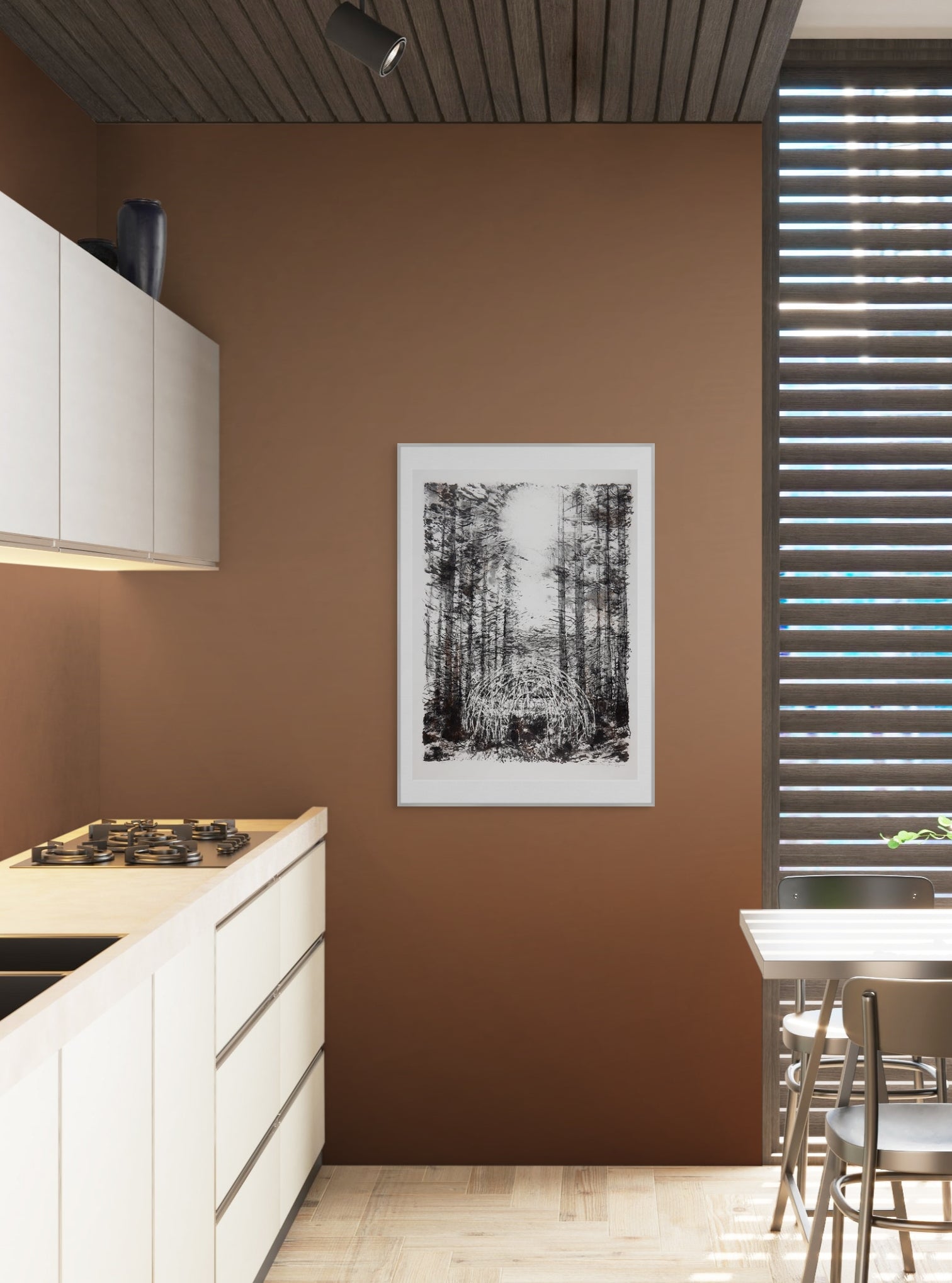 Nahaufnahme der Drucktextur einer Serigrafie mit Kohle "Sun Forest" von John Simpson, Ansicht 2.