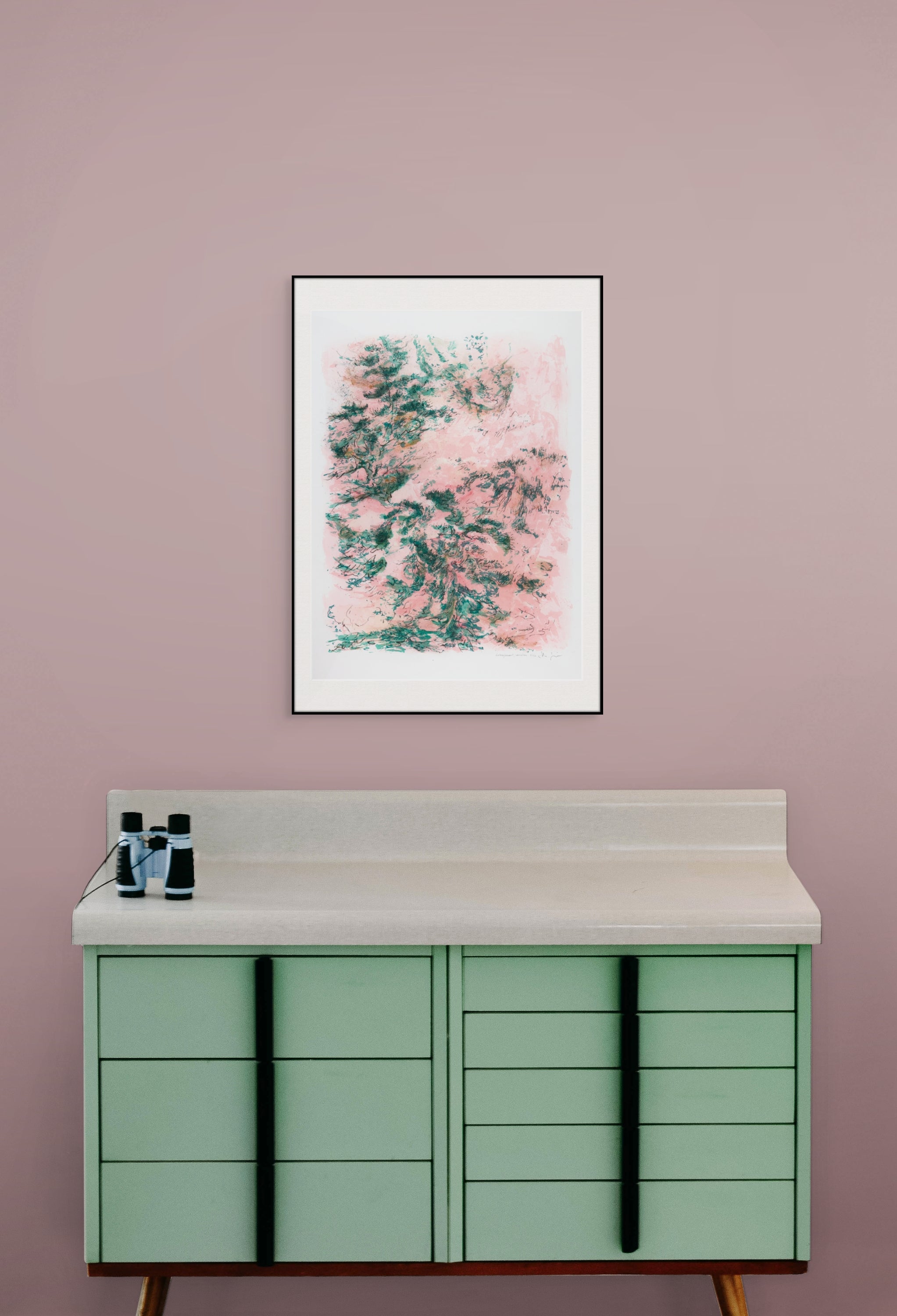 Nahaufnahme der Drucktextur einer Serigrafie mit Aquarell und Pastellstaub "Entanglement" von John Simpson, Ansicht 1.