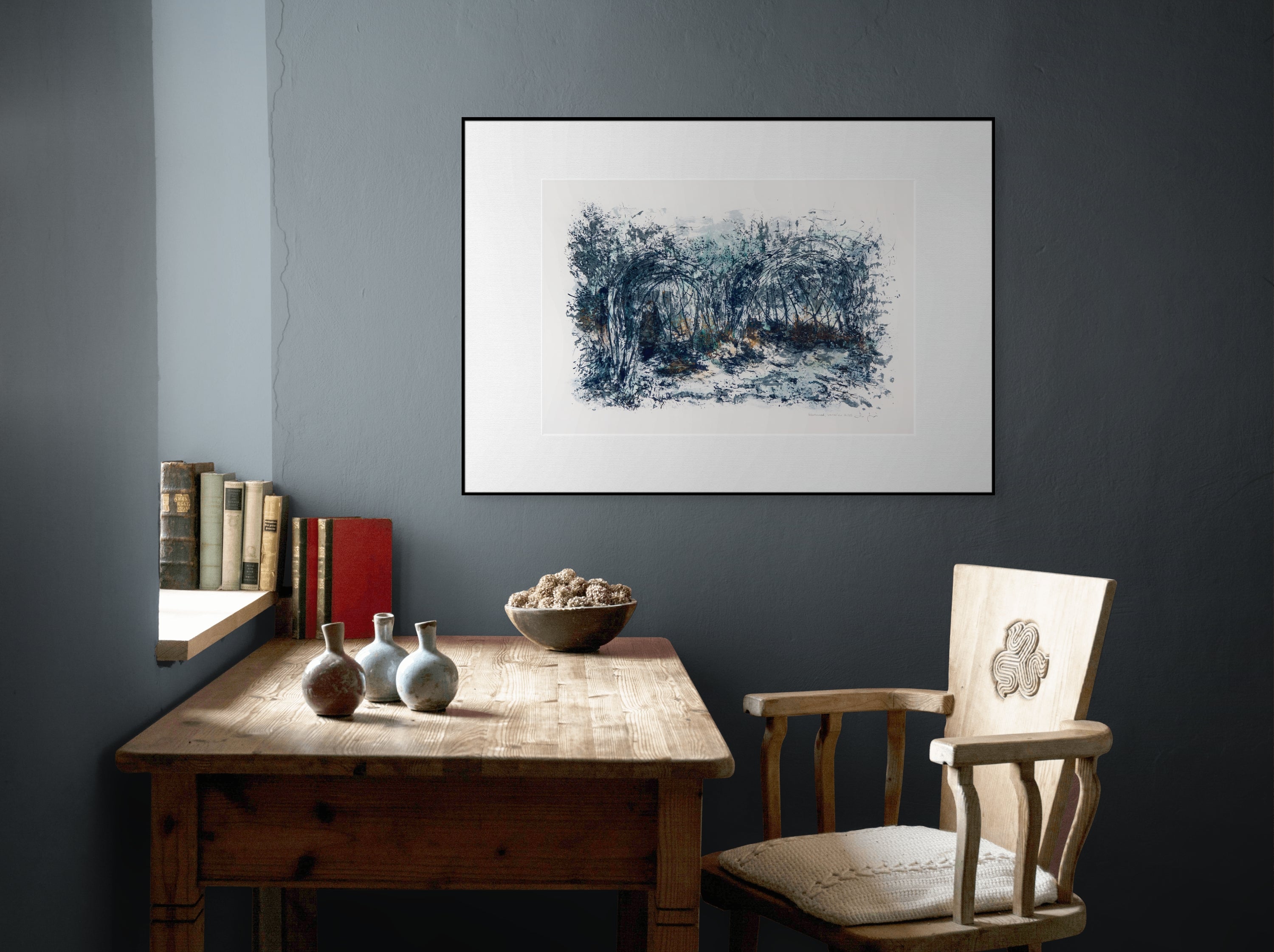 Nahaufnahme der Drucktextur einer Serigrafie mit Pastellstaub "Intertwined" von John Simpson, Ansicht 1.