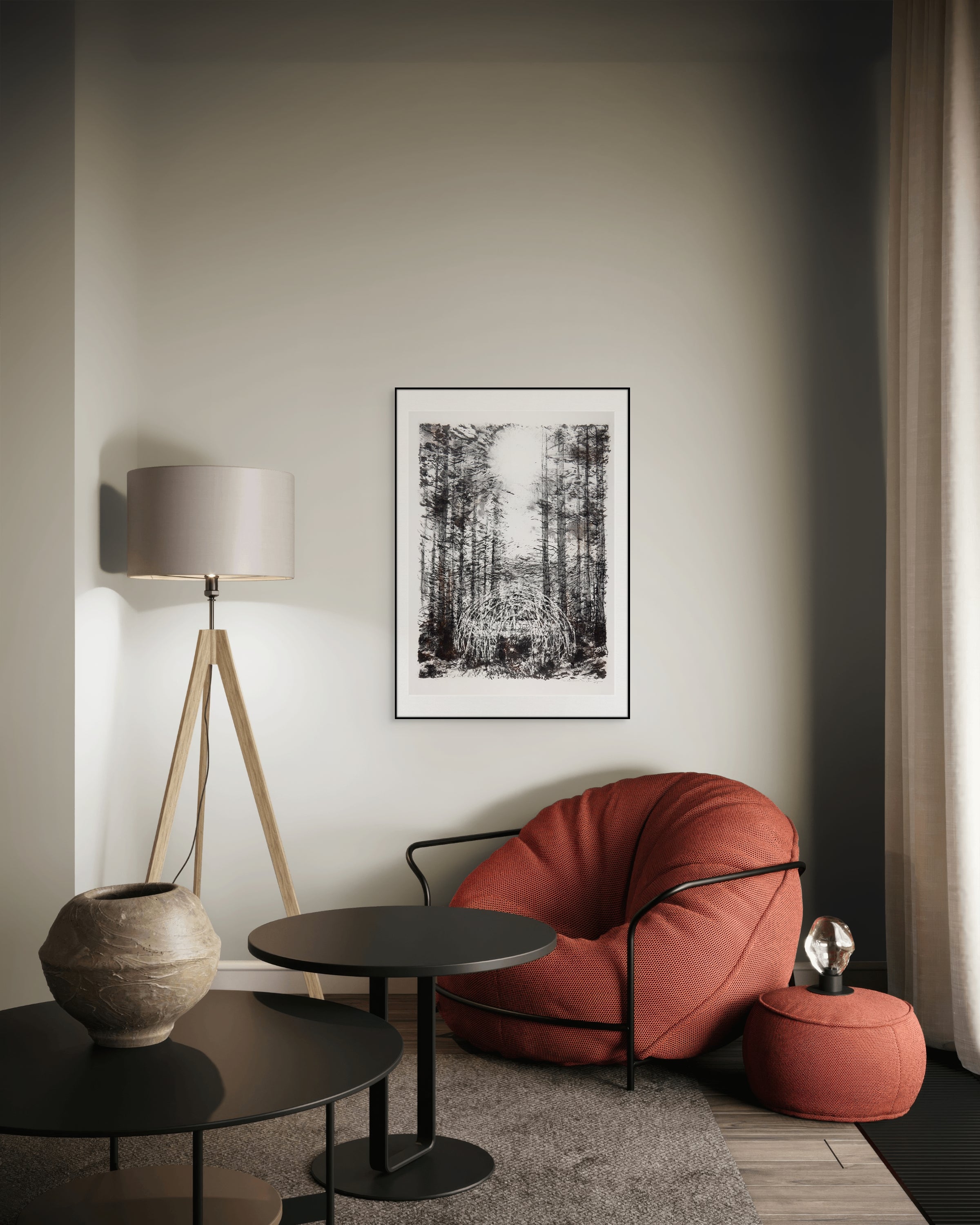 Nahaufnahme der Drucktextur einer Serigrafie mit Kohle "Sun Forest" von John Simpson, Ansicht 1.