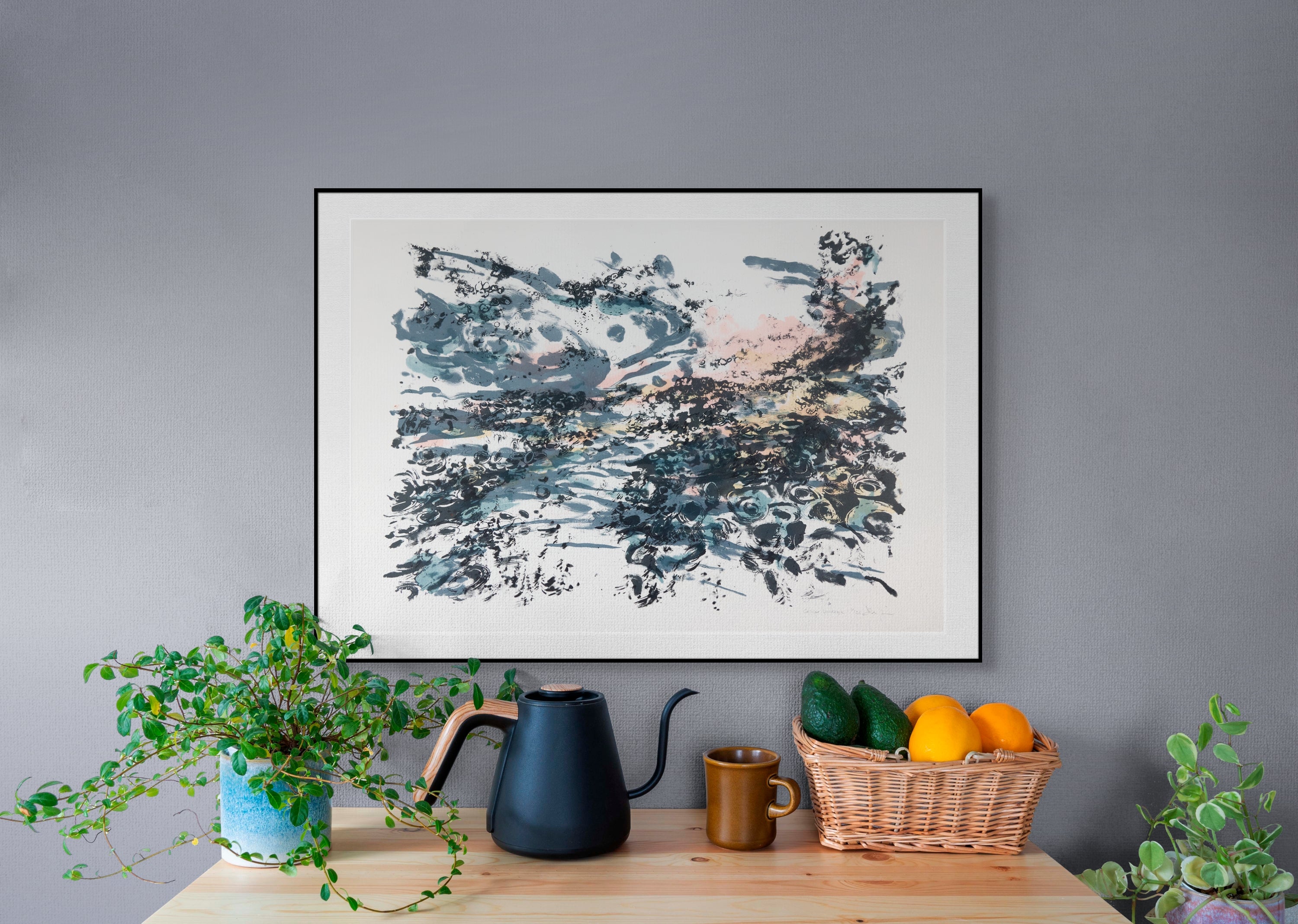 Nahaufnahme der Drucktextur einer Serigrafie "Cellular Landscape" von John Simpson, Ansicht 1.