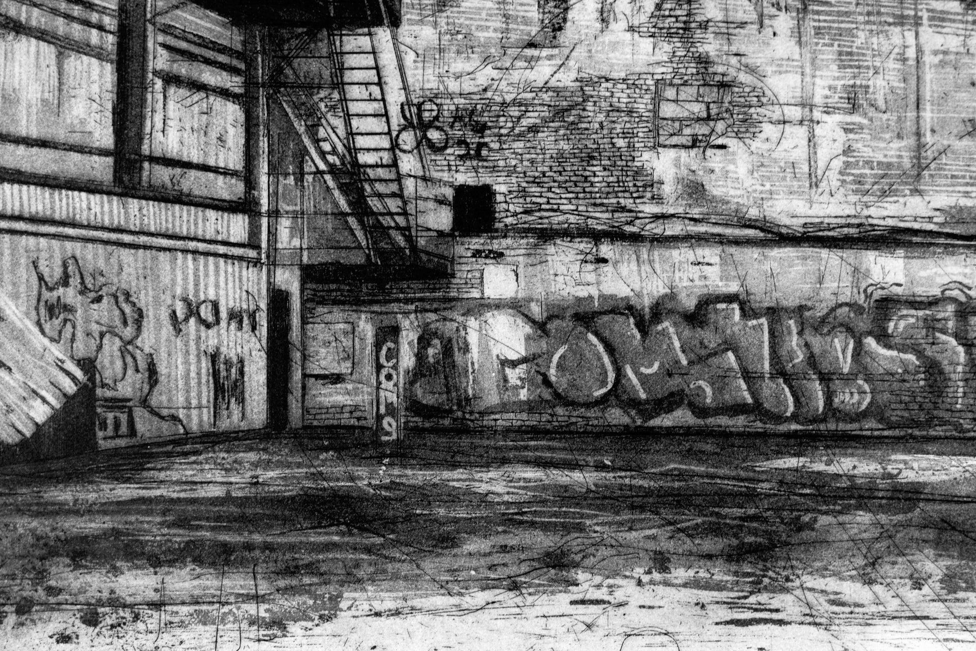 Detailausschnitt der Radierung "Permanite Asphalt Works III" von Jemma Gunning: Nahaufnahme der Graffitiwand mit Metalltreppe und Wellblechverkleidung.