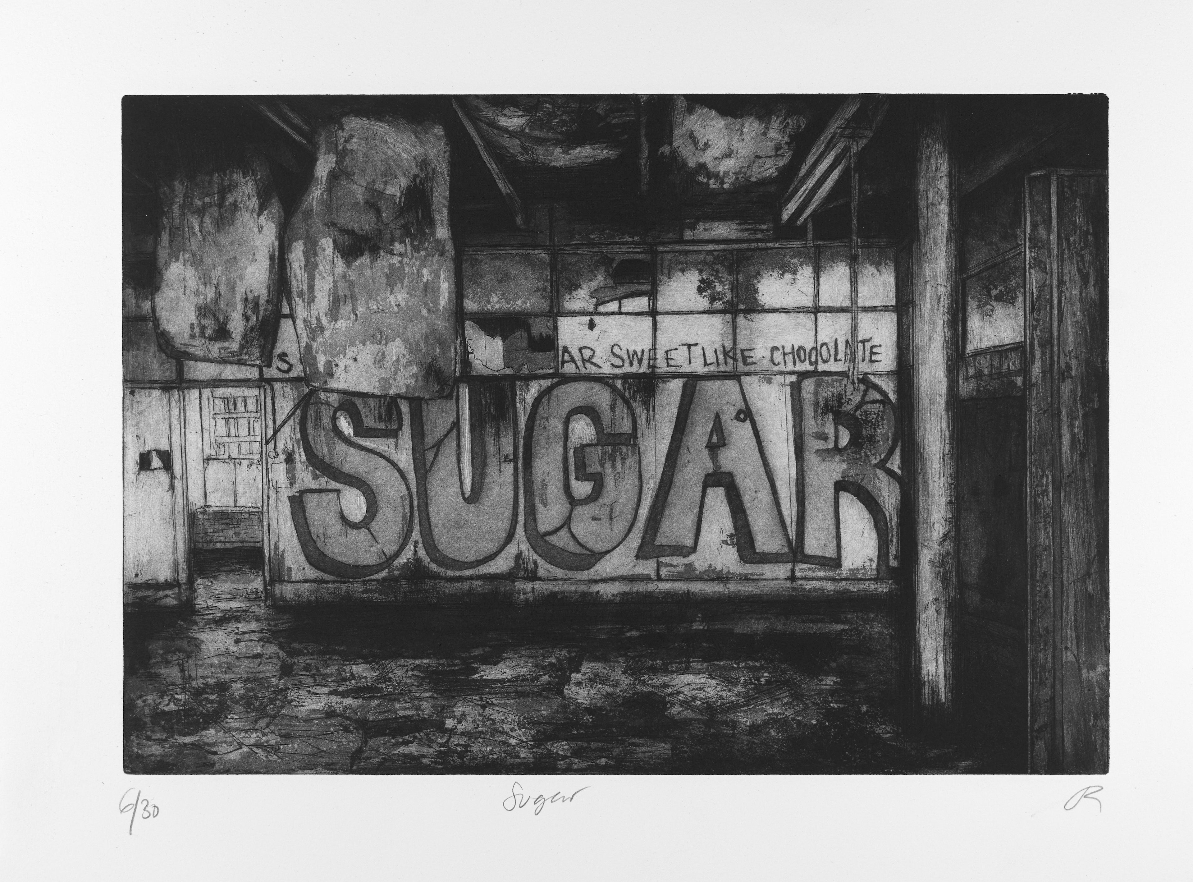Gesamtansicht des Blattes der Radierung "Sugar" von Jemma Gunning mit breitem Papierrand und handschriftlicher Auflagennummer, Titel und Signatur im unteren Rand.