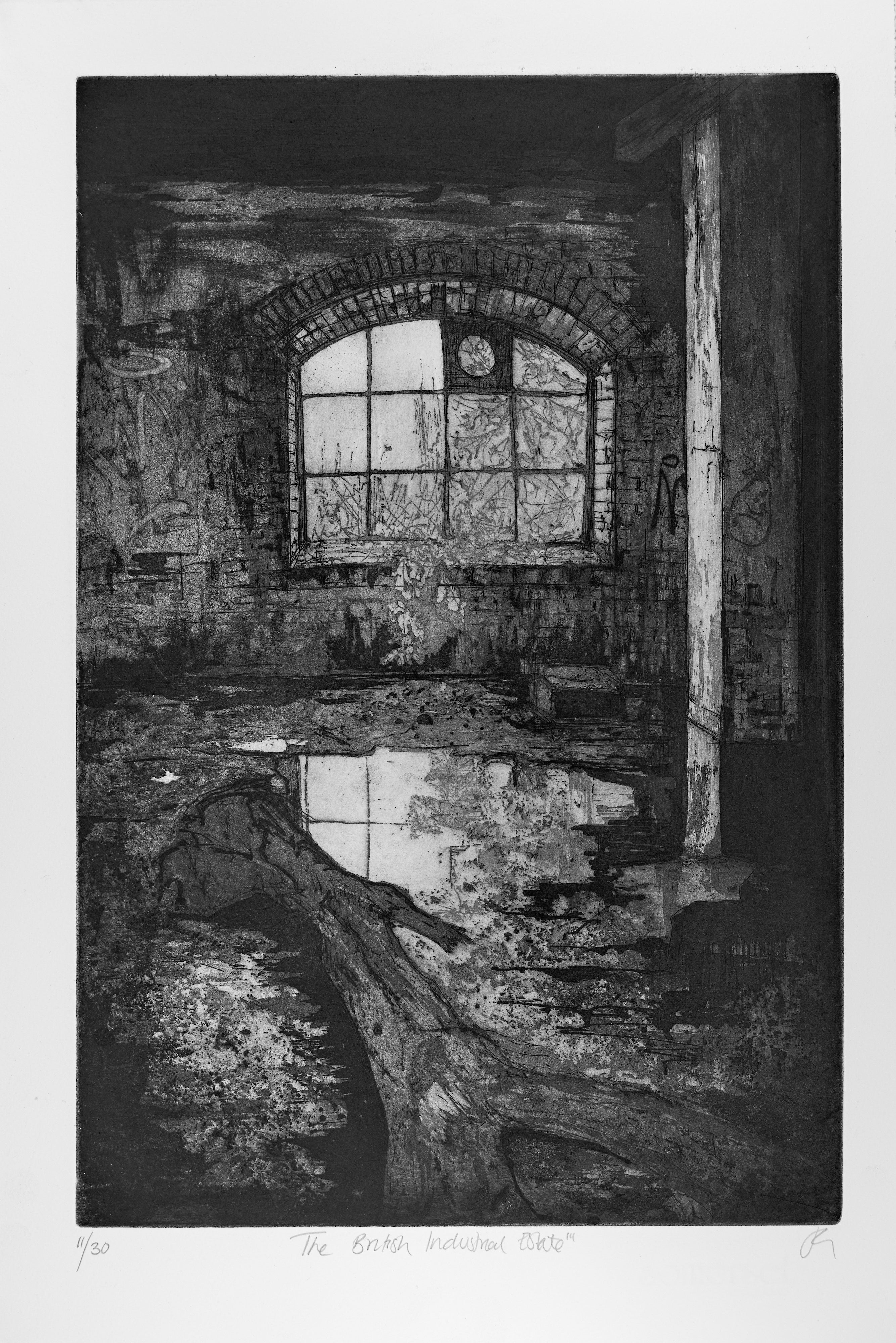 Gesamtansicht des Blattes der Radierung "The British Industrial Estate III" von Jemma Gunning mit breitem Papierrand und handschriftlicher Auflagennummer, Titel und Signatur im unteren Rand.