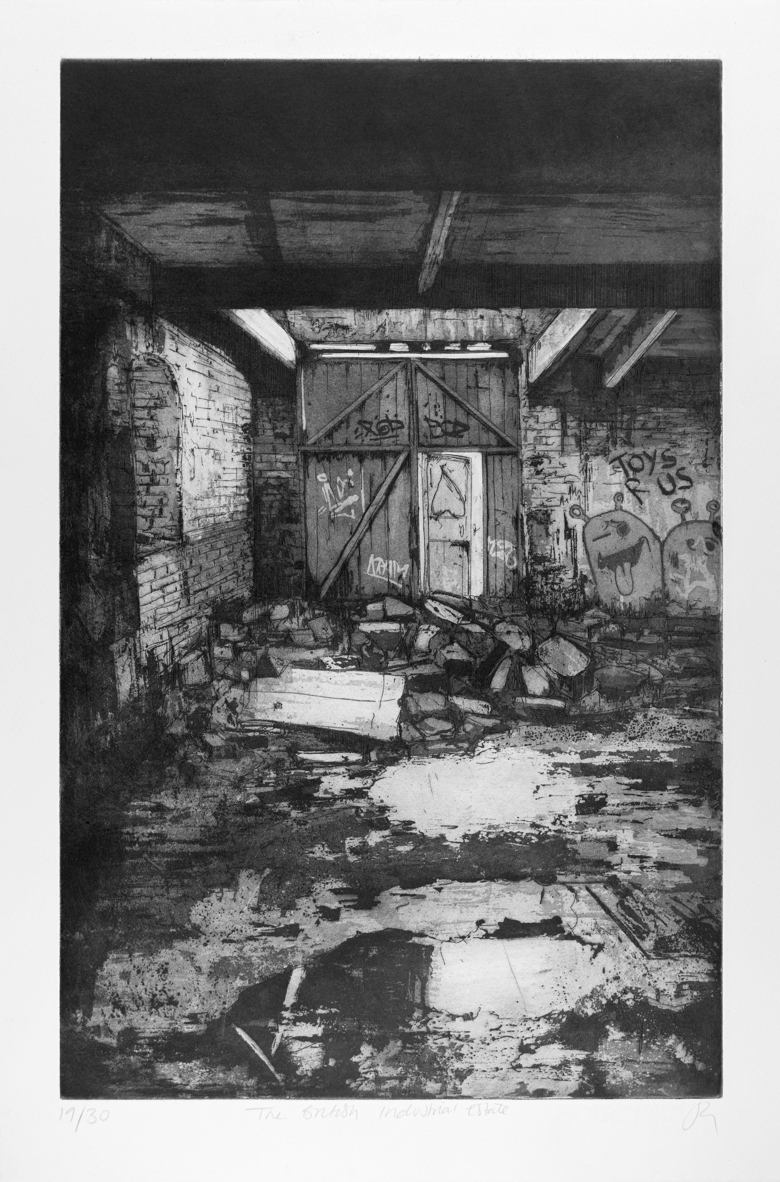 Gesamtansicht des Blattes der Radierung "The British Industrial Estate" von Jemma Gunning mit breitem Papierrand und handschriftlicher Auflagennummer, Titel und Signatur im unteren Rand.