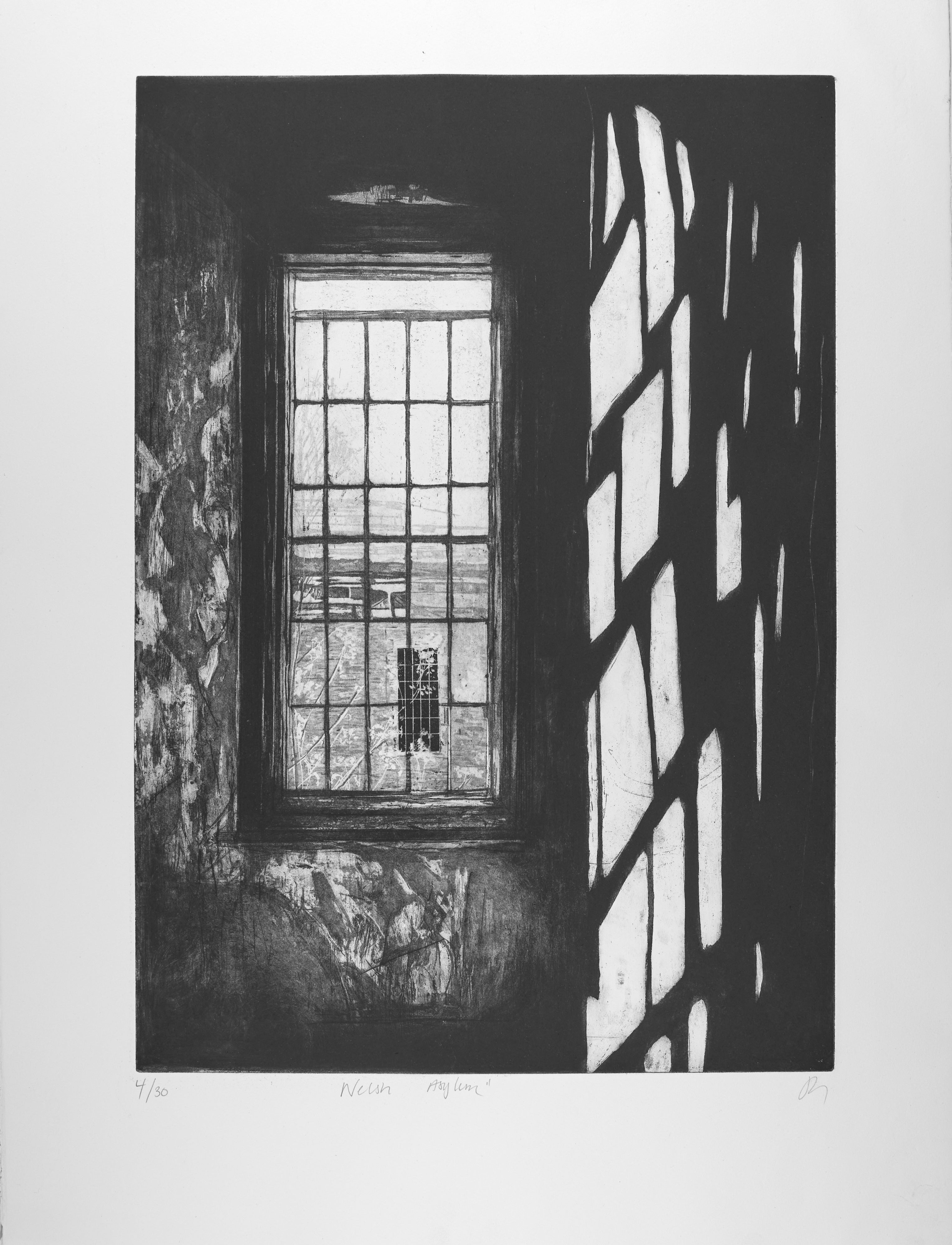 Gesamtansicht des Blattes der Radierung "Welsh Asylum II" von Jemma Gunning mit breitem Papierrand und handschriftlicher Auflagennummer, Titel und Signatur im unteren Rand.