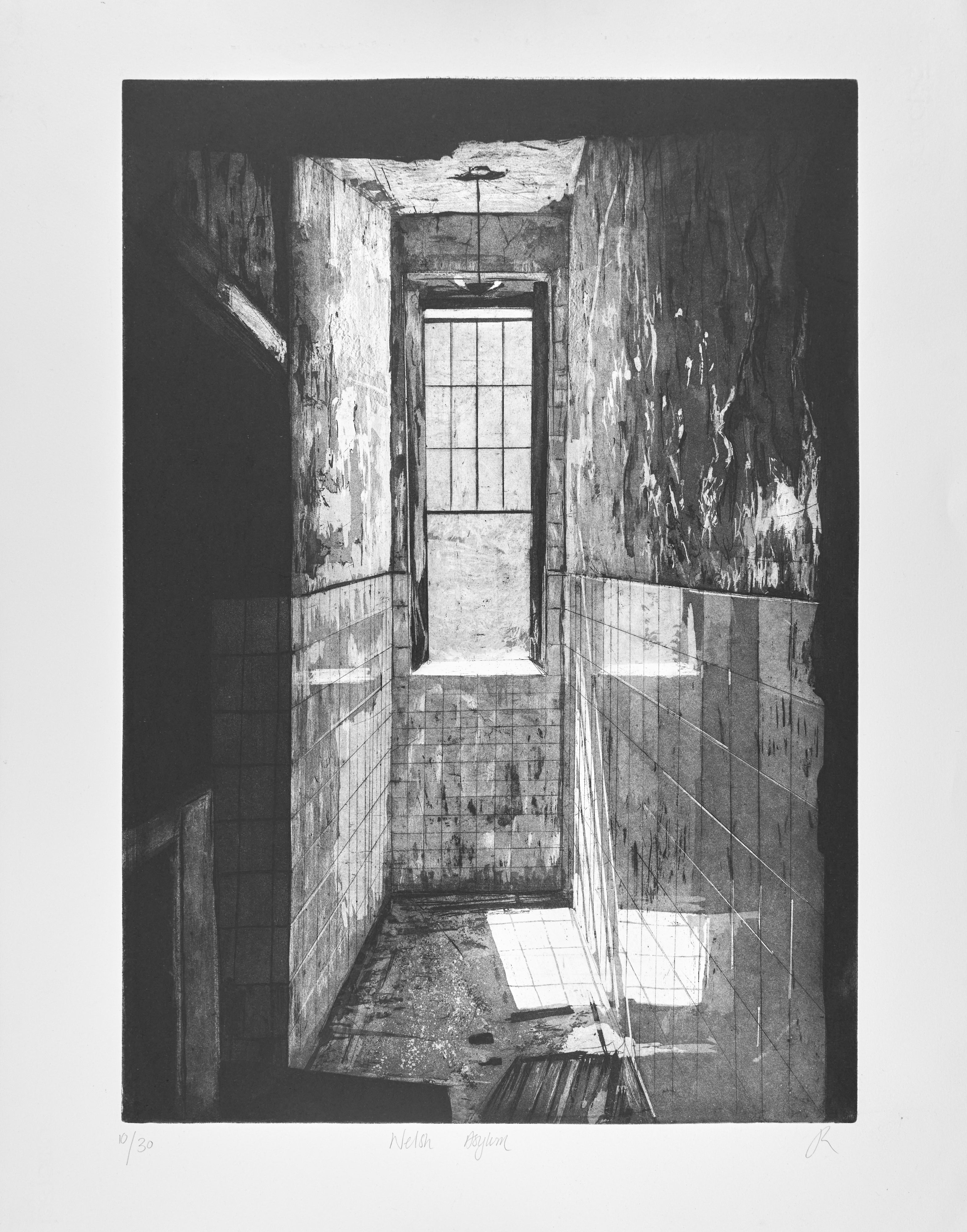 Gesamtansicht des Blattes der Radierung "Welsh Asylum" von Jemma Gunning mit breitem Papierrand und handschriftlicher Auflagennummer, Titel und Signatur im unteren Rand.