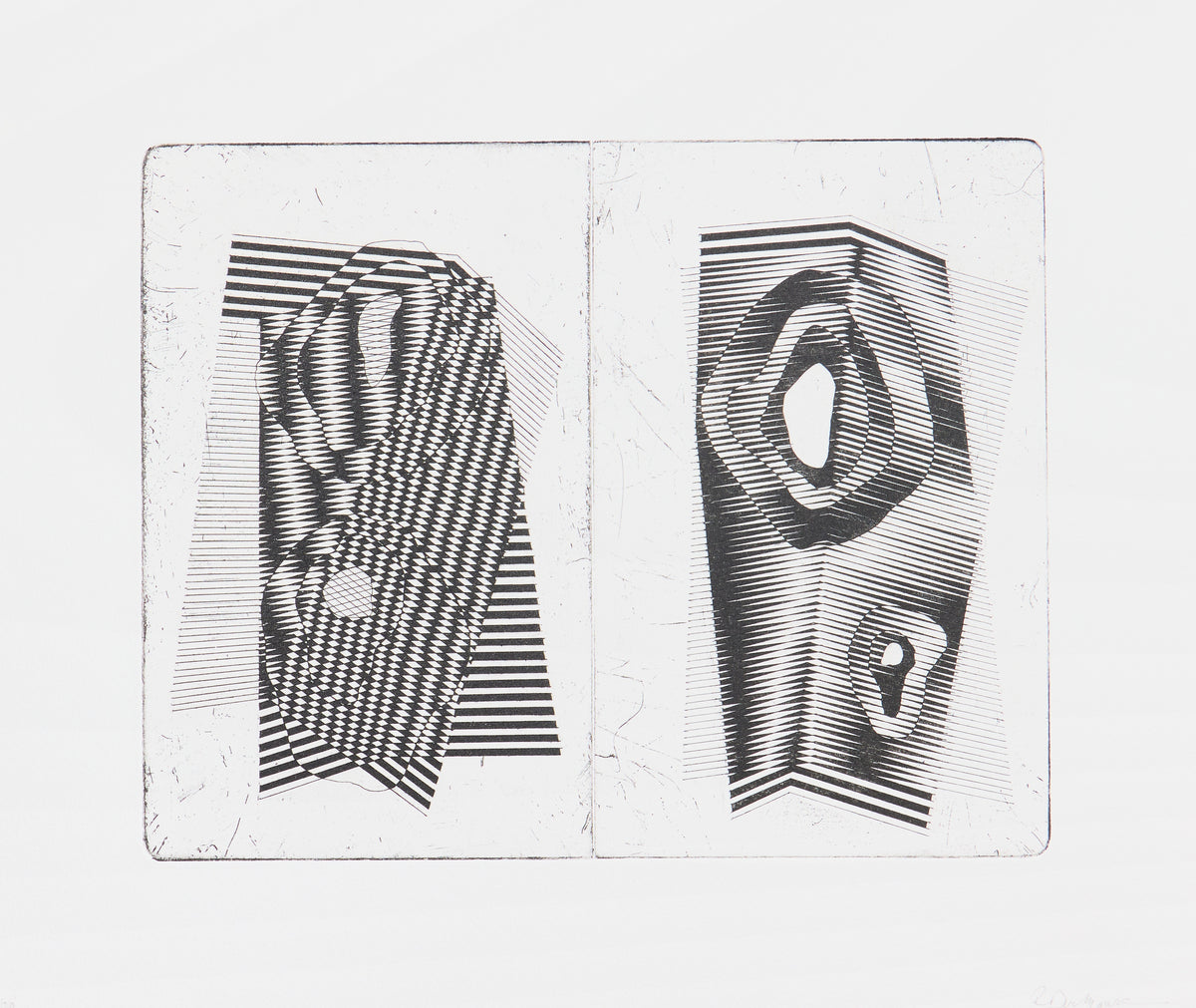 Zweiteiliges Blatt mit gestreiften organischen Formen, links Wellenmuster. Radierung mit Aquatinta „North Uist Sketchbook i“ von Rachel Duckhouse, 2020.