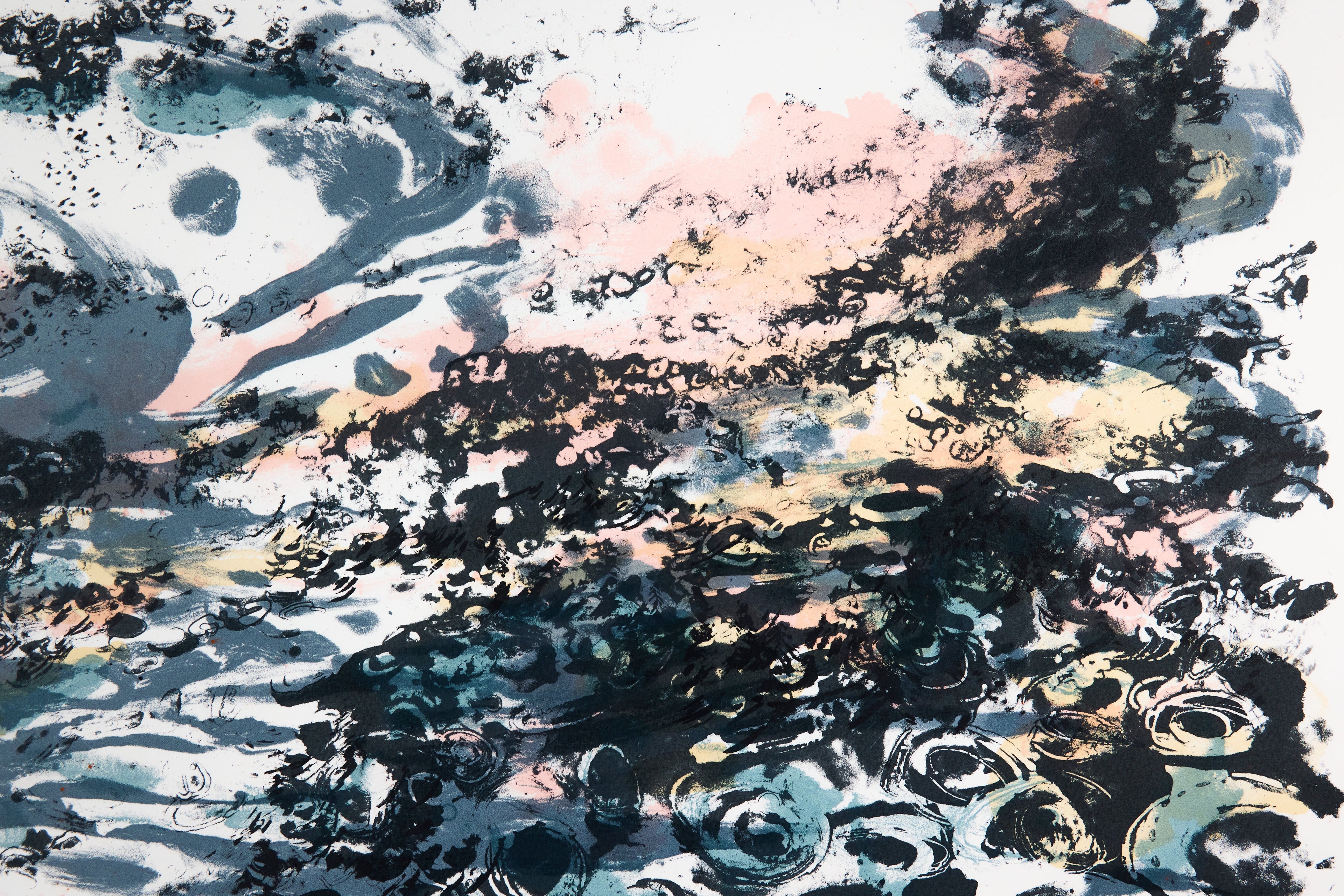 Detail: Ausschnitt einer abstrakten Landschaft mit Tintenspritzern und rosa-gelbem Horizontstreifen. Serigrafie "Cellular Landscape" von John Simpson.
