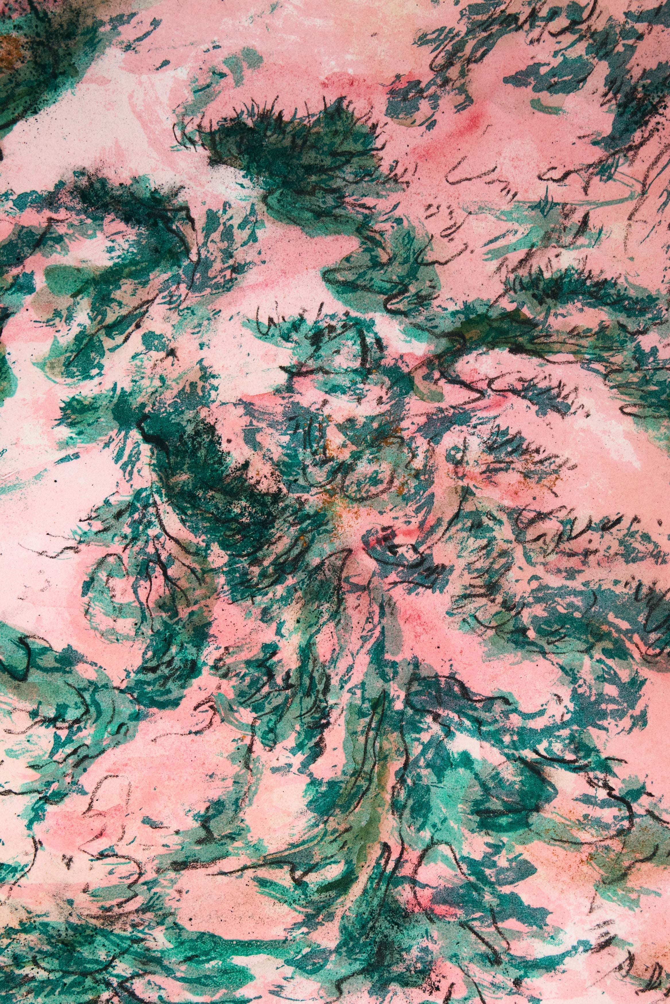 Detail: Detailausschnitt einer grünen Tinten-Komposition mit Strichen und Spritzern auf rosa Grund.