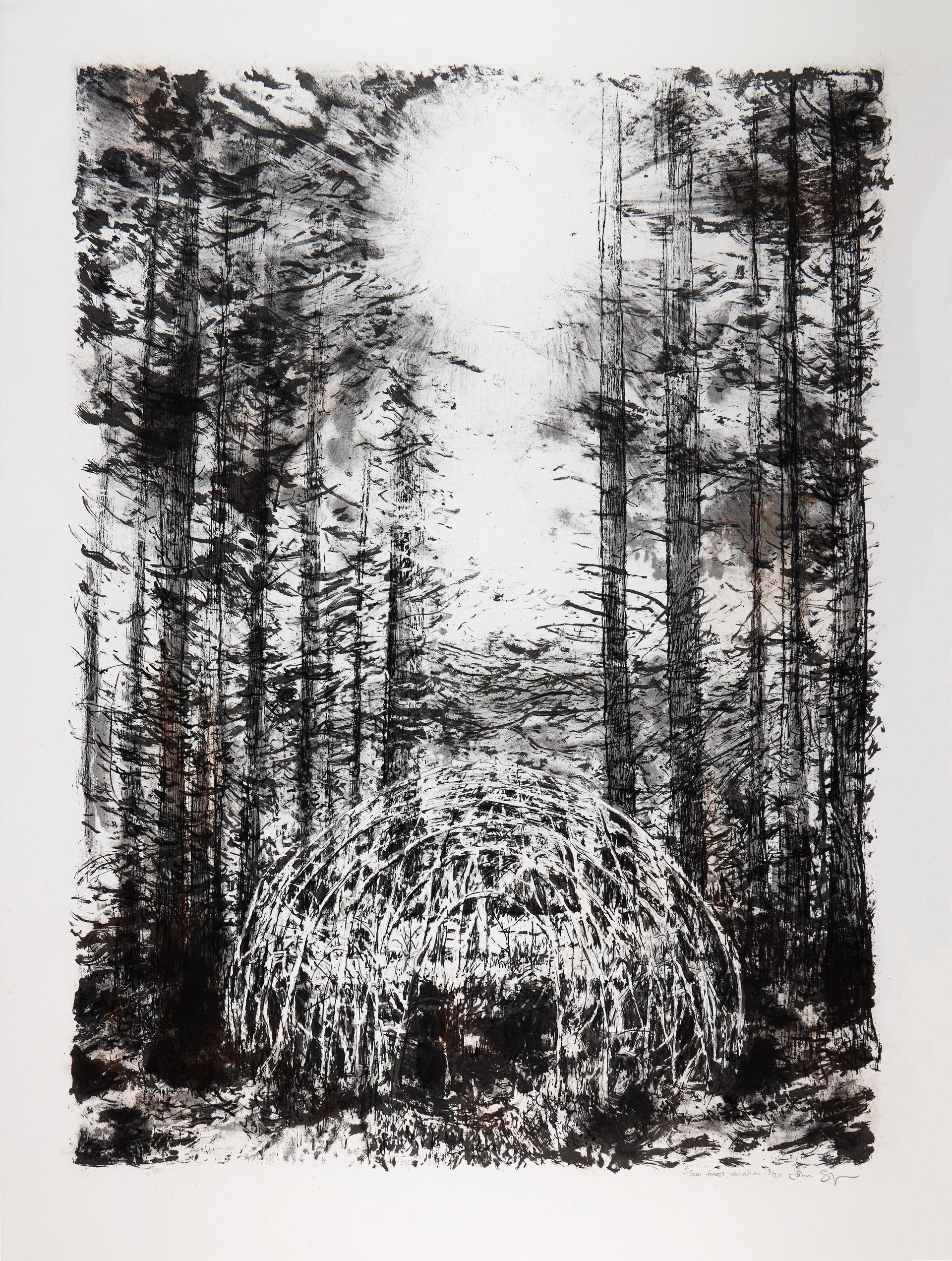 Schwarzweiße Waldszene mit dichten Baumstämmen und einer kuppelförmigen Geflechtstruktur am. Serigrafie + Kohle "Sun Forest" von John Simpson.