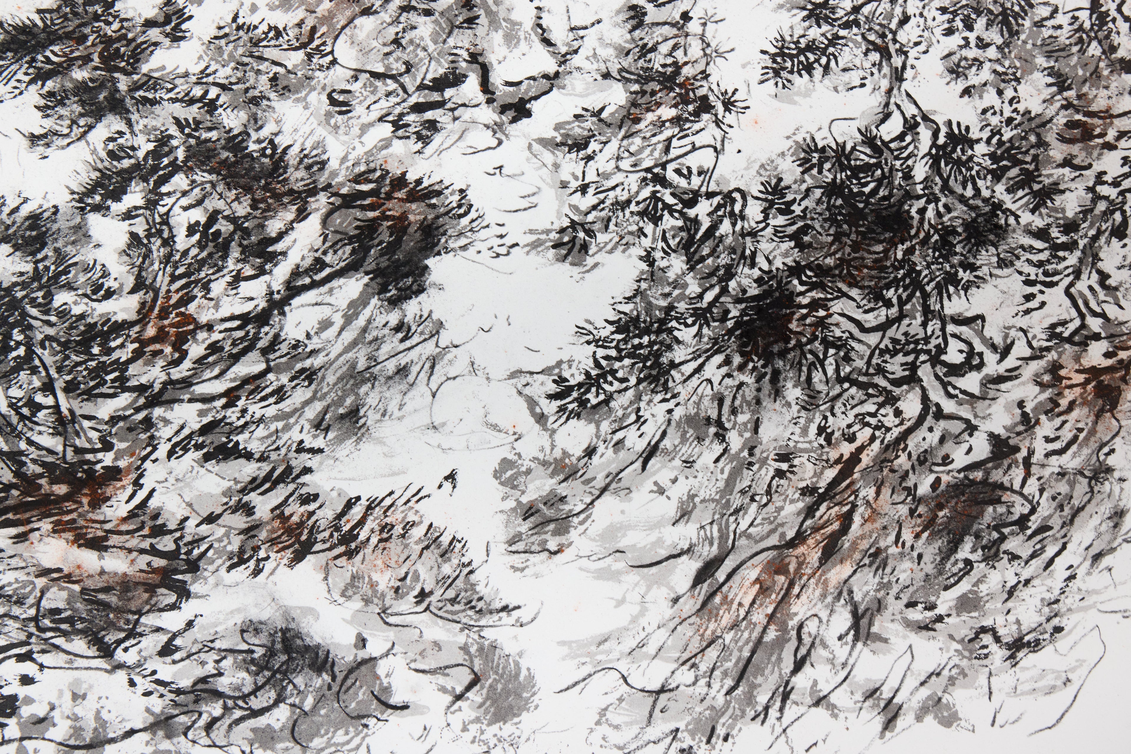 Detail: Detailausschnitt einer abstrakten Landschaft aus schwarzen und braunen Tinten-Strichen auf weißem Grund.