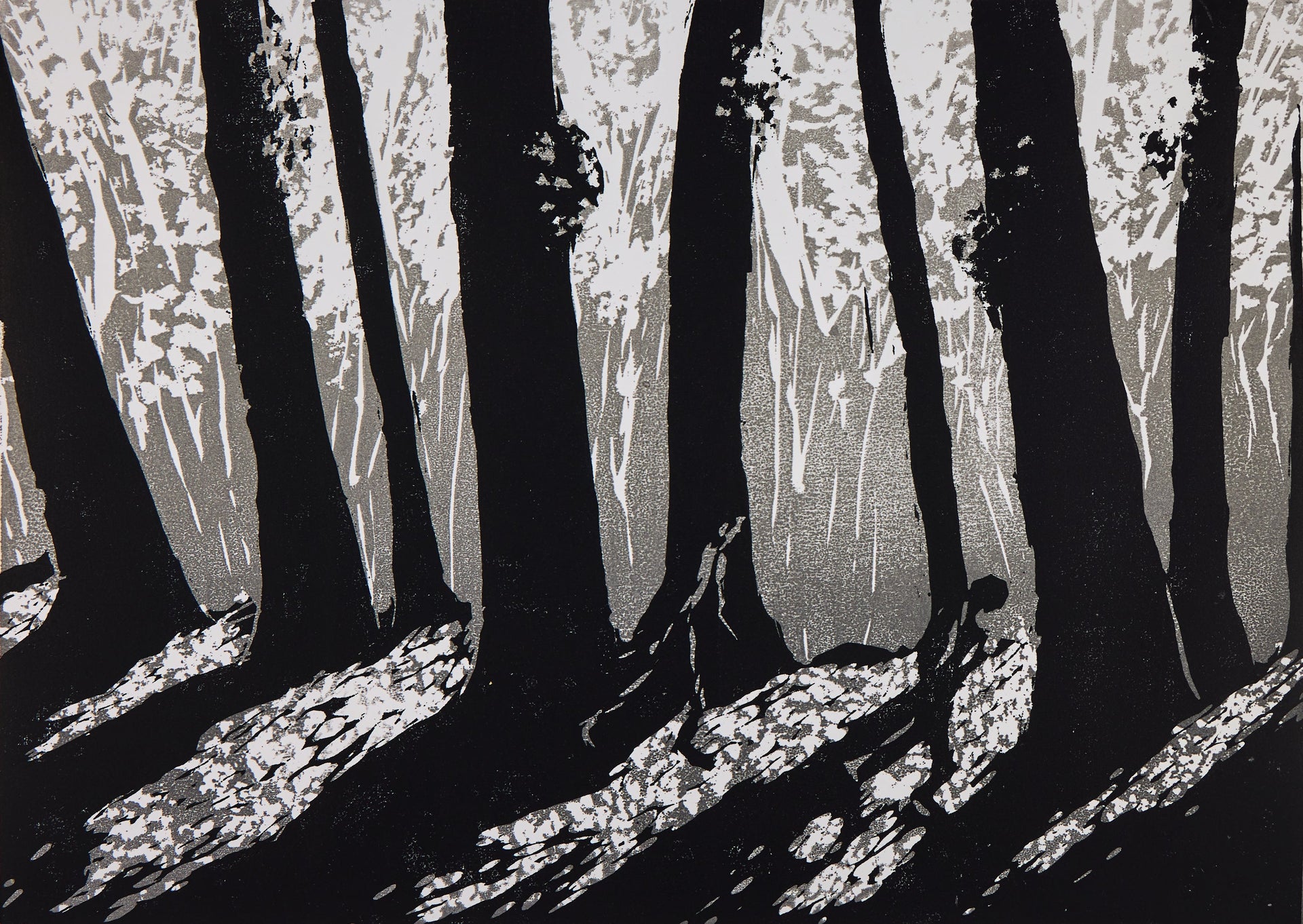 Waldszene mit dunklen Baumstämmen und gefleckten Licht-Schatten-Flecken am Boden. Holzschnitt "An Ancient Way" von Rod Nelson ARE, 2025.