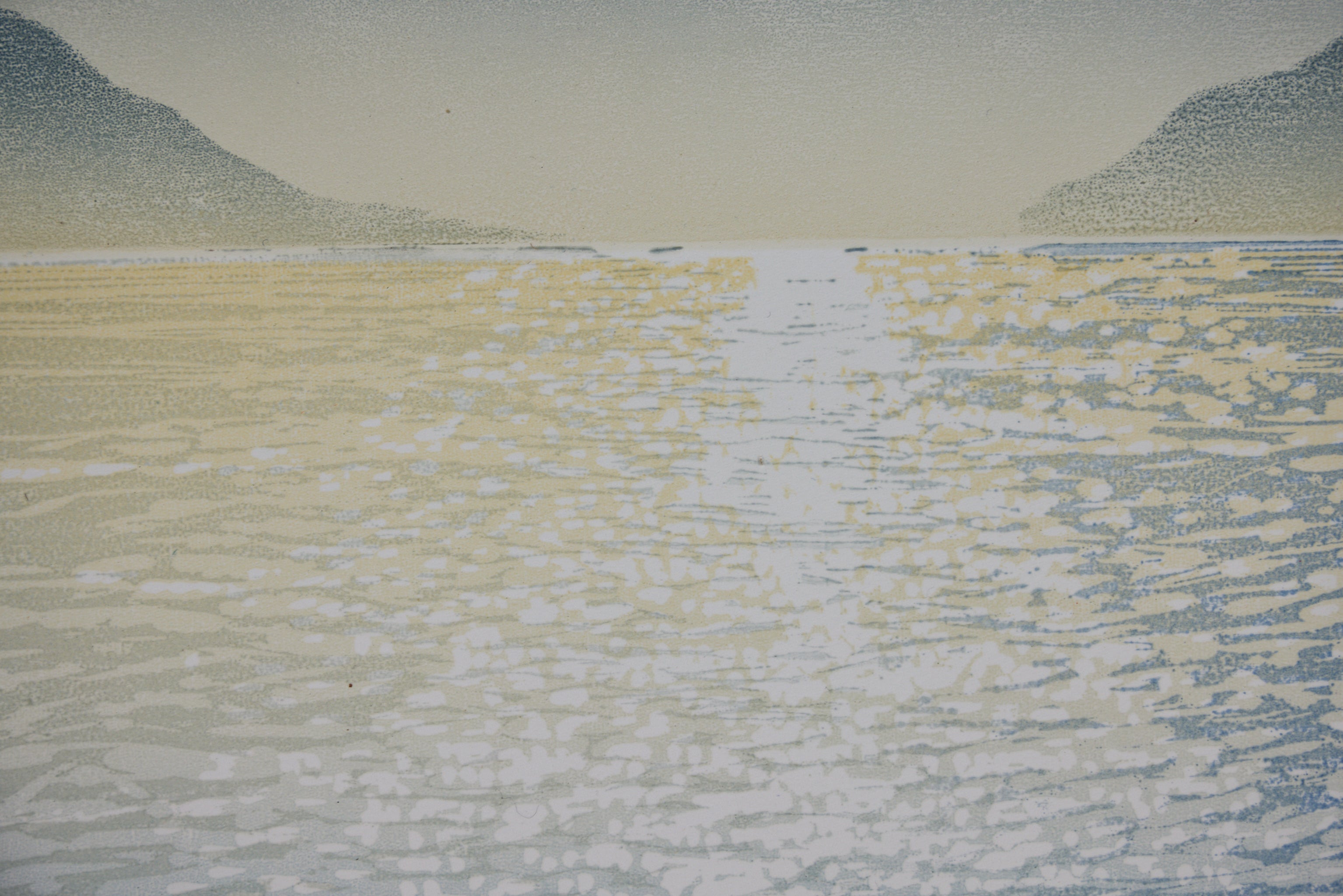 Detail: Ausschnitt mit gelb-blau gepunktetem Wasserspiegel und angedeuteten Berghängen. Holzschnitt "Havn III" von Rod Nelson.