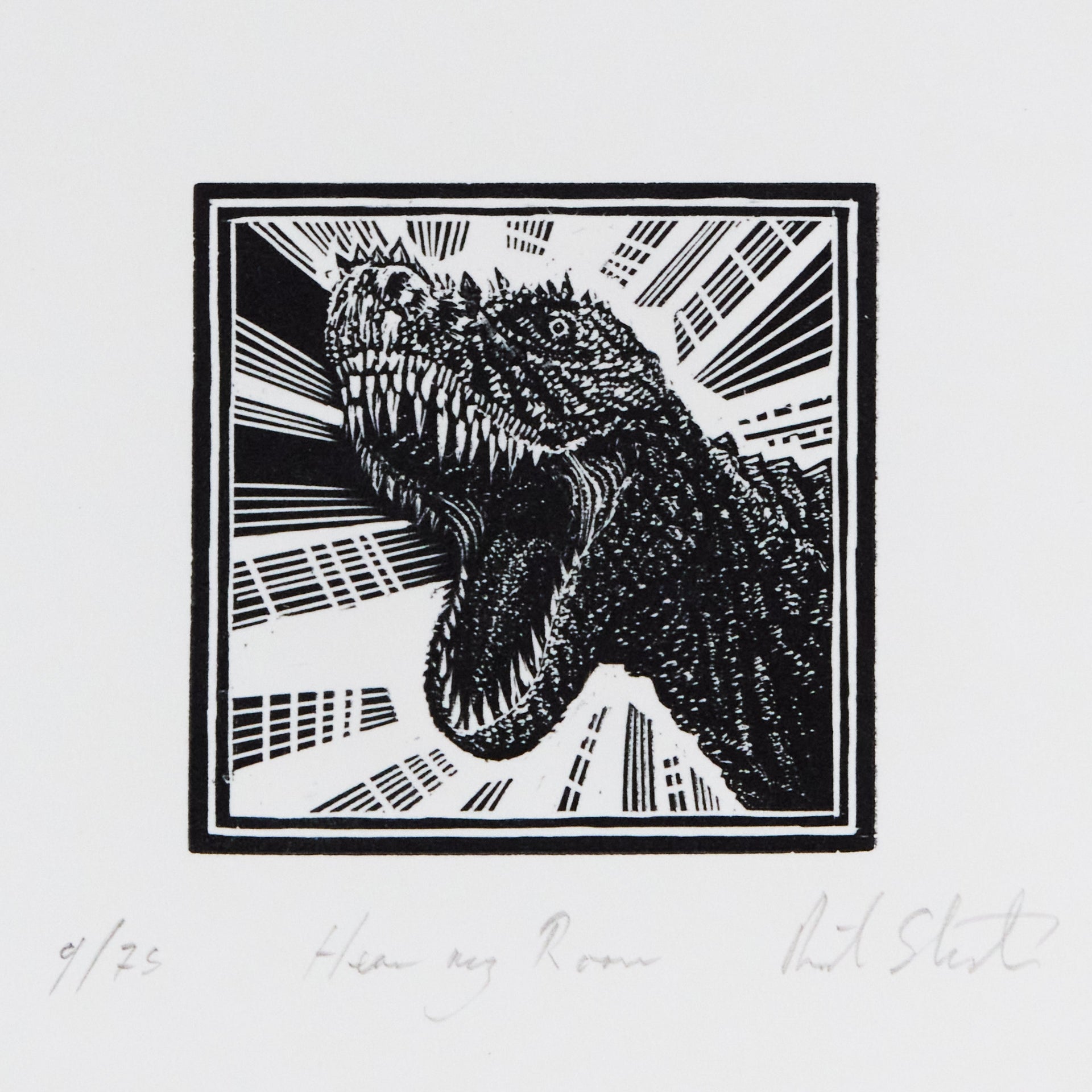 Dinosaurier-Kopf mit aufgerissenem Maul vor Hochhäuserkulisse in Untersicht, mit quadratischer. Holzschnitt "Hear my Roar" von Richard Studer.