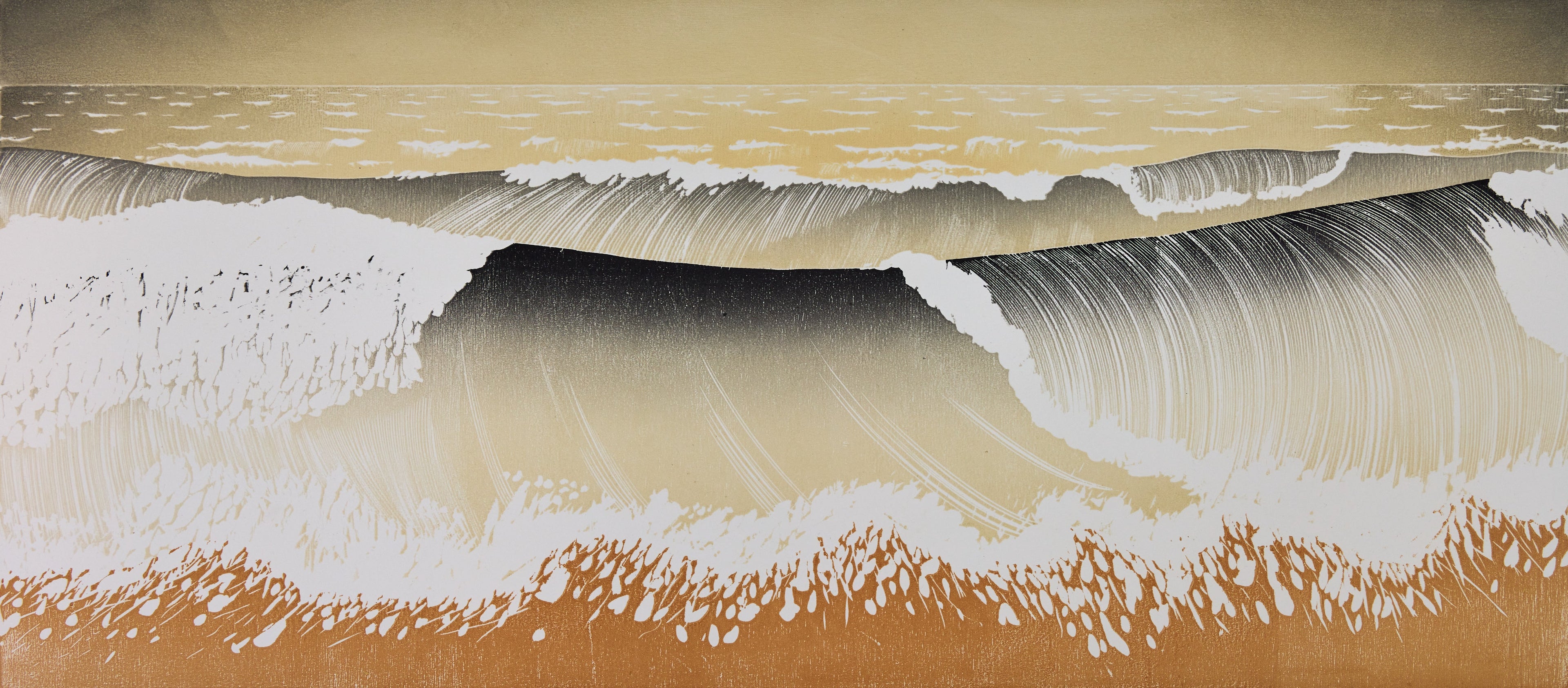 Querformatige Druckgrafik mit Wellenbrechern und Gischt vor sandfarbenem Hintergrund. Holzschnitt "Red Sand" von Rod Nelson, 2021.