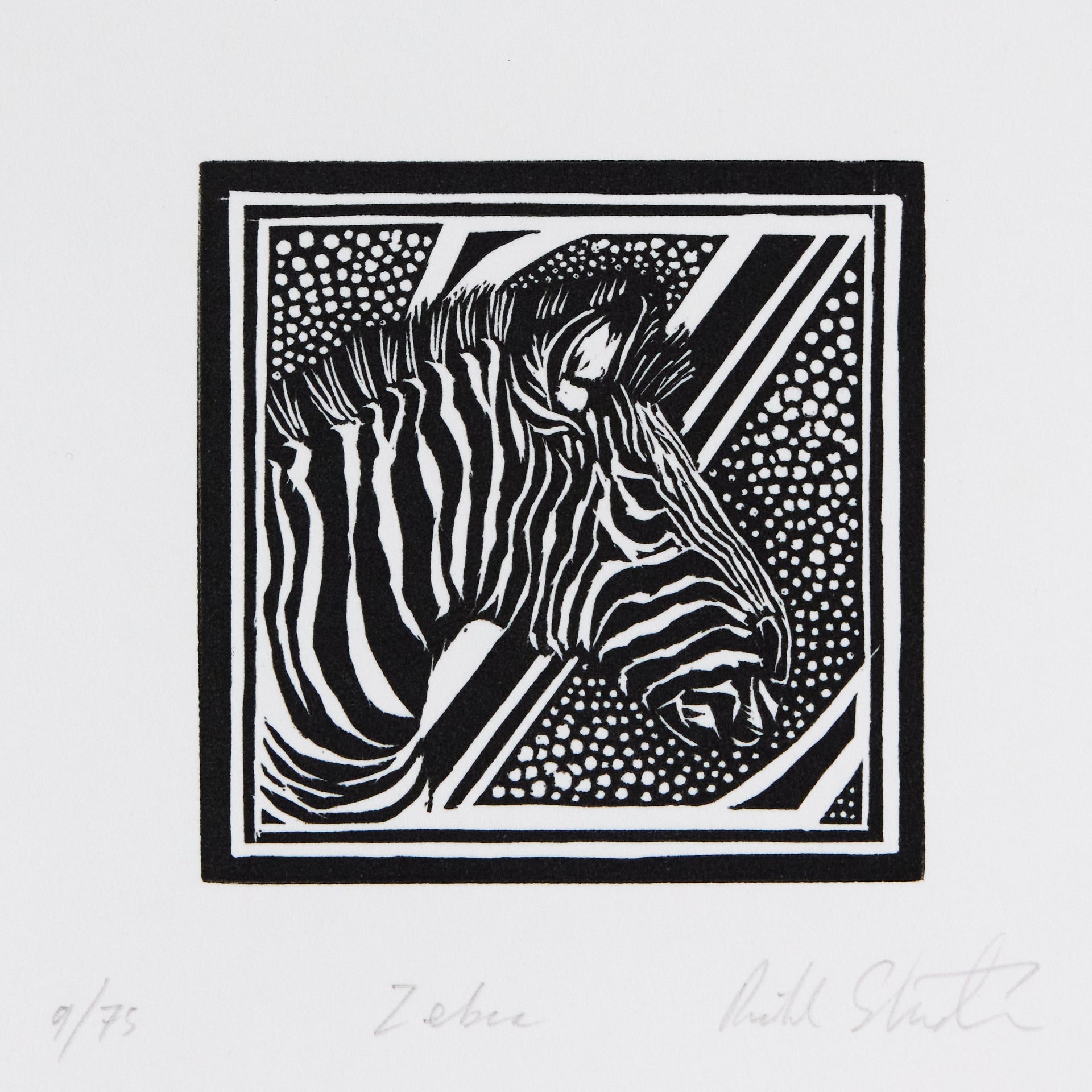 Gerahmte Holzschnitt "Z – Zebra" von Richard Studer – Quadratischer Schwarzweiß-Druck mit Zebrakopf im Profil und gepunktetem Hintergrund, gerahmt v.