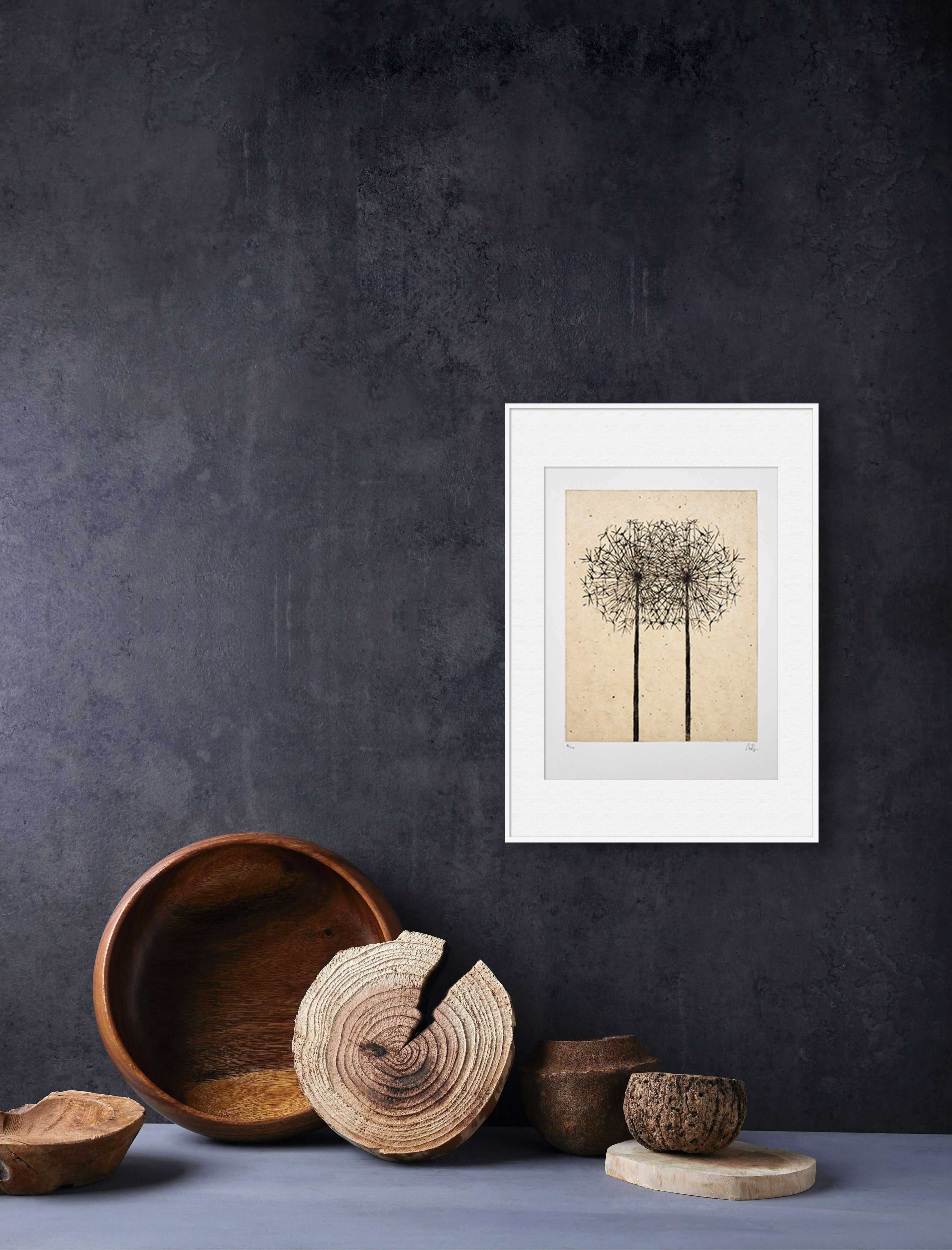 Gerahmte Kaltnadel-Radierung "Allium" von Anna Francis – Weiß gerahmter Druck mit zwei Pusteblumen an dunkler, fleckiger Wand über Holzschalen und.