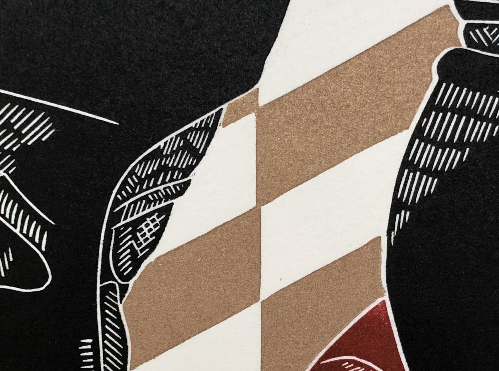 Detail: Detail mit gestreiften Beinen oder Hufen vor schwarzem Grund. Linolschnitt "Shilo" von Richenda Court.