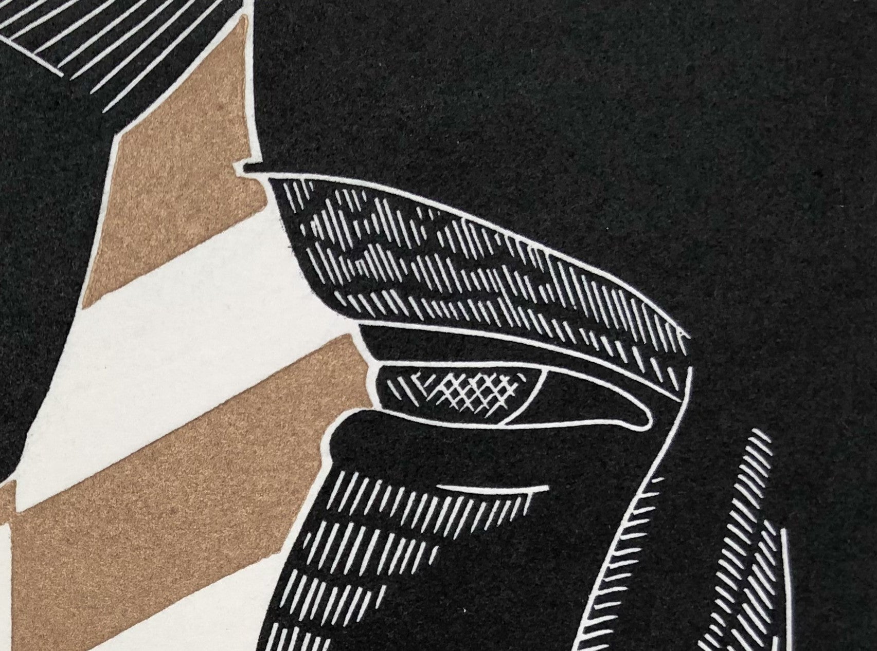 Detail: Detail eines Pferdekopfes mit Auge und gestreifter Partie. Linolschnitt "Shilo" von Richenda Court.