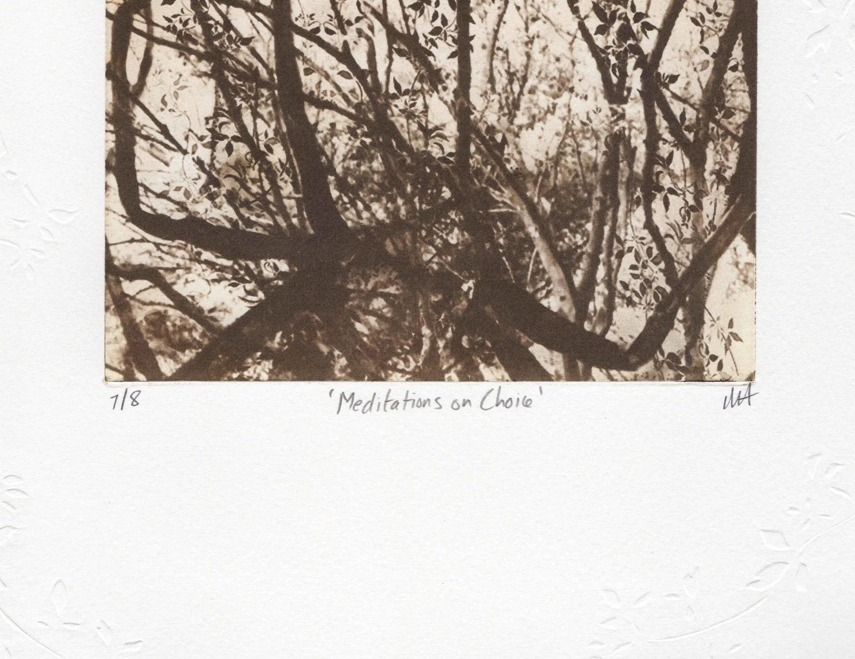 Detail: Unterer Detailausschnitt mit ausladendem Geäst und Titelzeile. Radierung "Meditations on Choice" von Michelle Hinshelwood.