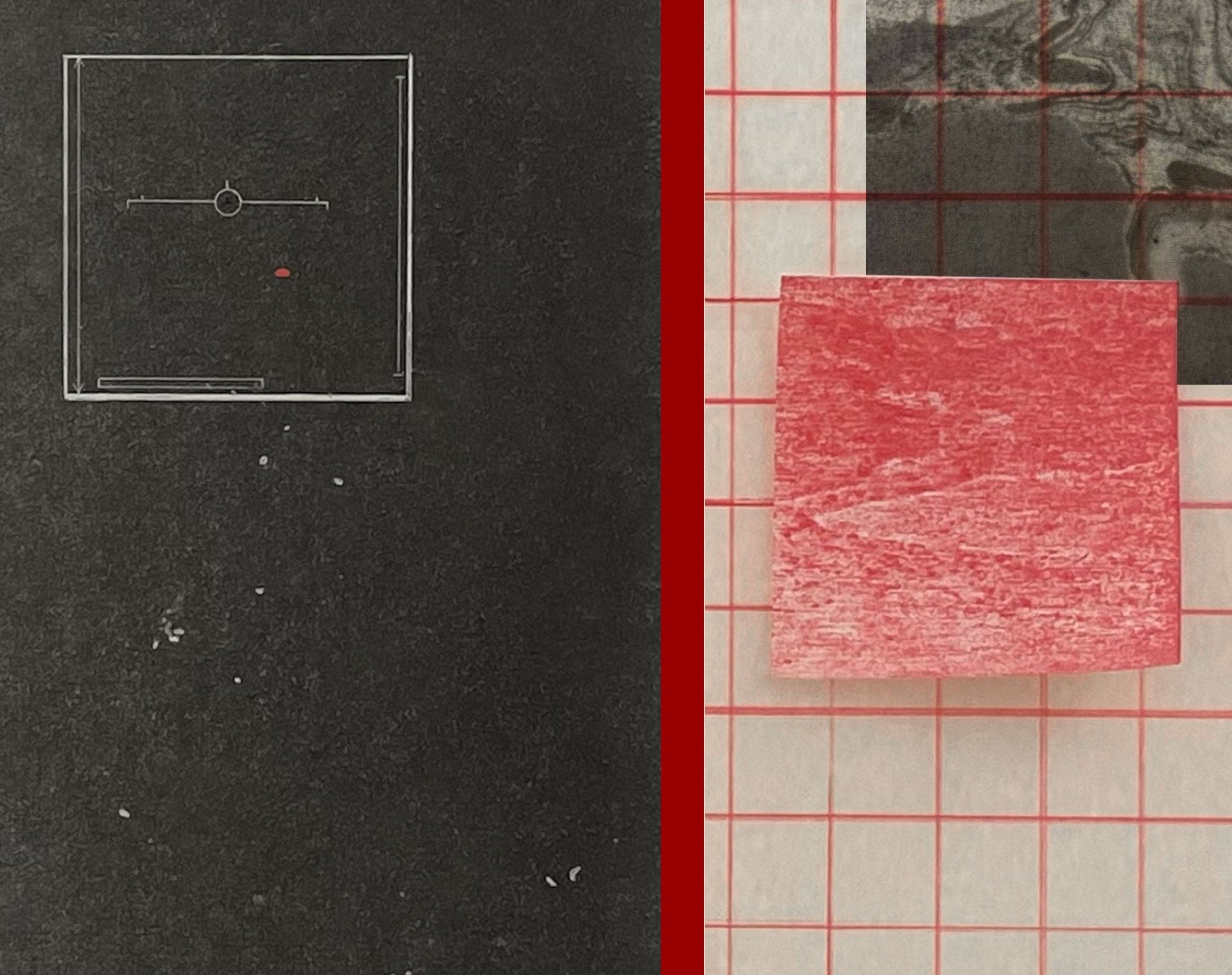 Detail: Detail mit dunklem Feld und linierter Rahmenzeichnung links, rotem Quadrat auf rotem Raster rechts. Mokuhanga "B_o9.10" von Inga Eičaitė.