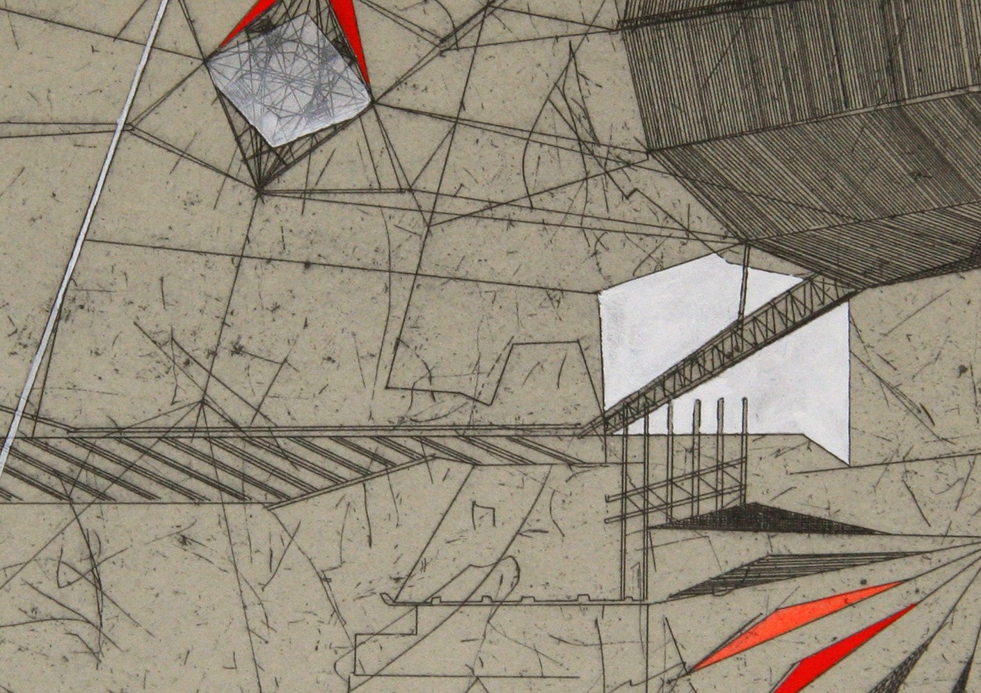 Detail: Ausschnitt mit weißem Bauteil, dunklen Treppen und roten Spitzen. Handkolorierte Radierung "Cold Harbour Lane III" von Bronwen Sleigh RSA.