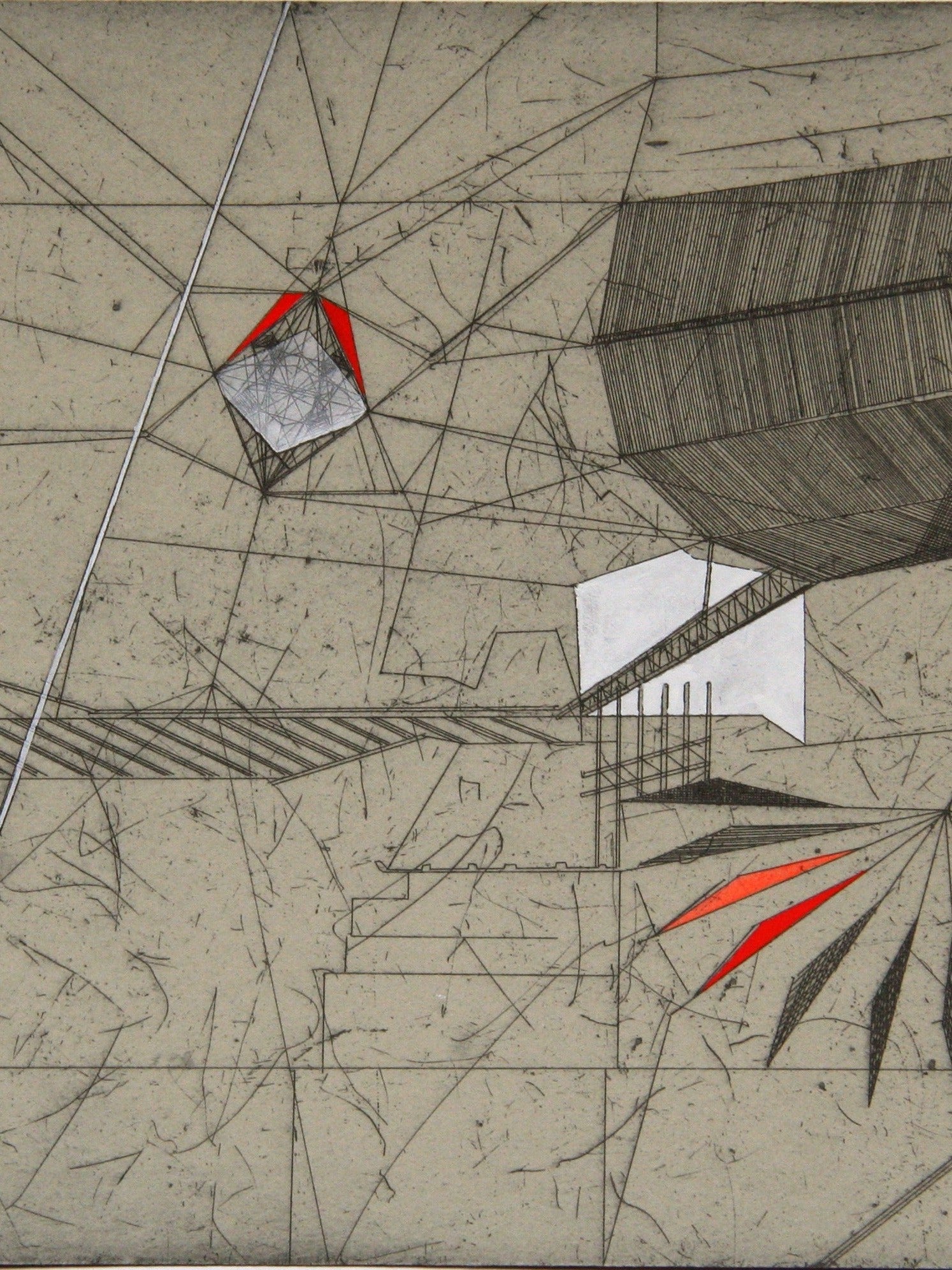 Detail: Ausschnitt mit dunklem Kubus, weißer Treppenform und roten Akzenten. Handkolorierte Radierung "Cold Harbour Lane III" von Bronwen Sleigh RSA.