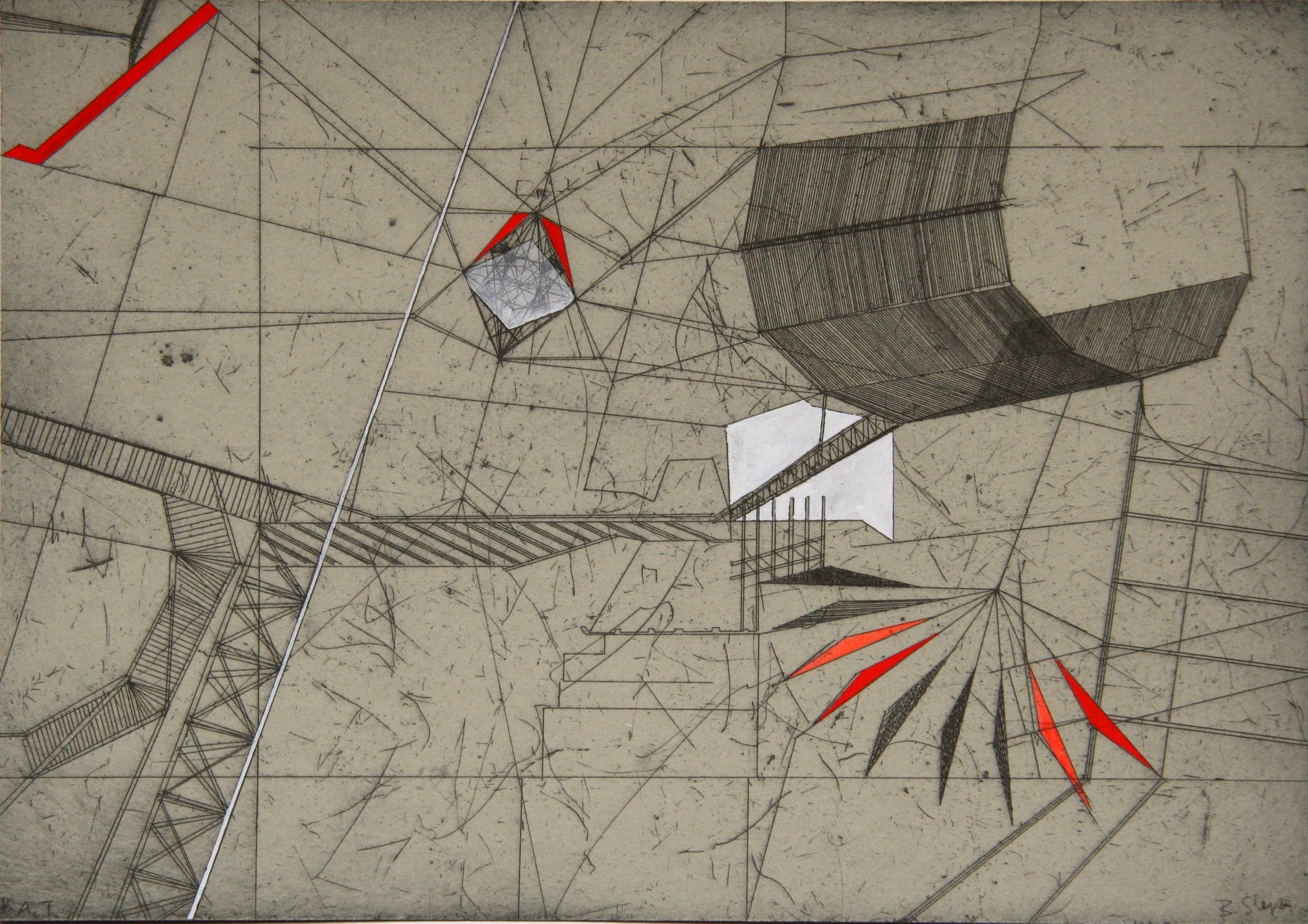 Zerlegte Architekturfragmente mit Treppen und Plattformen vor sandfarbener. Handkolorierte Radierung "Cold Harbour Lane III" von Bronwen Sleigh RSA.