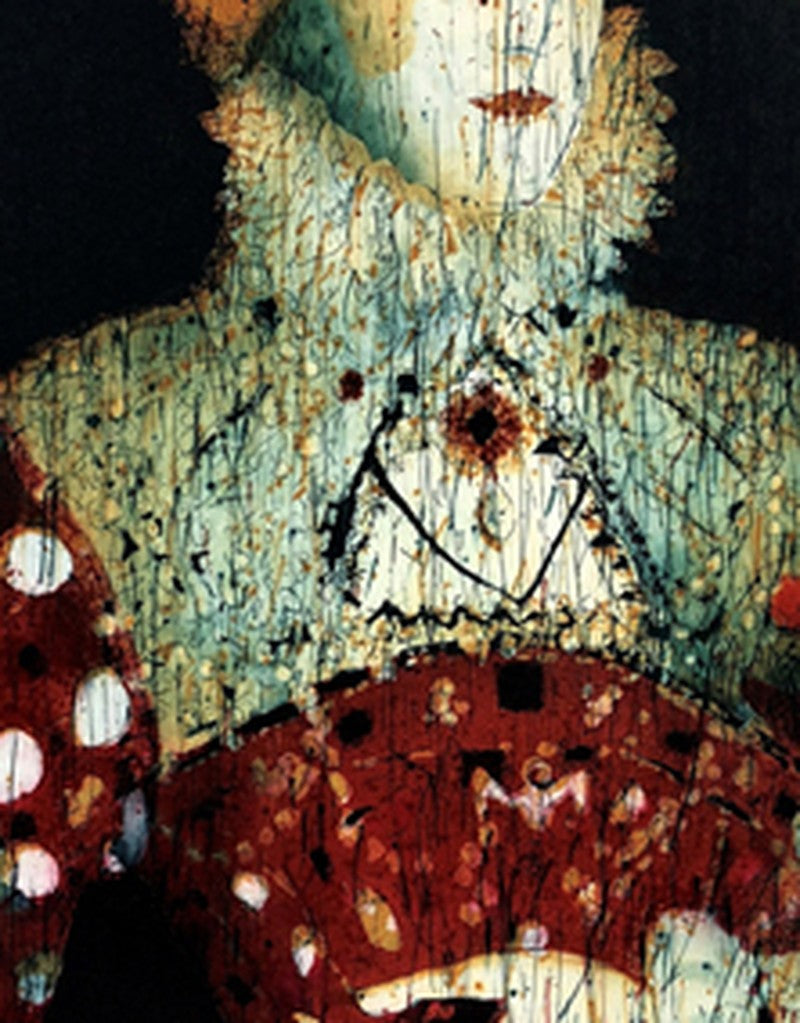 Detail: Detail einer Halskrause und eines roten gemusterten Mieders mit Schmuckanhänger. Radierung "And England's Dreaming" von Stephen Lawlor.