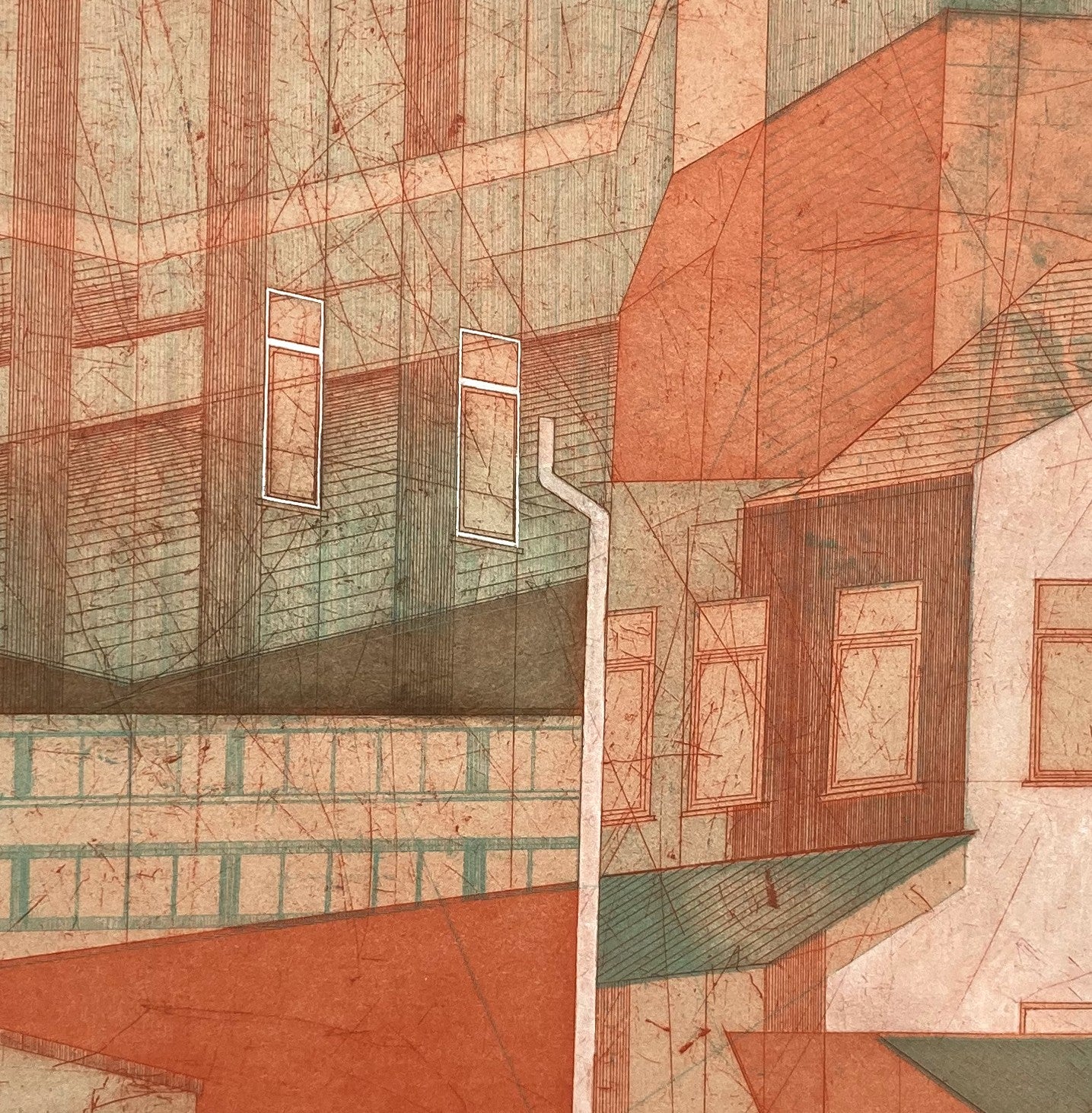 Detail: Ausschnitt mit Fenstergruppe und ineinanderlaufenden Wandflächen. Handkolorierte Radierung "Ferry Road" von Bronwen Sleigh RSA.