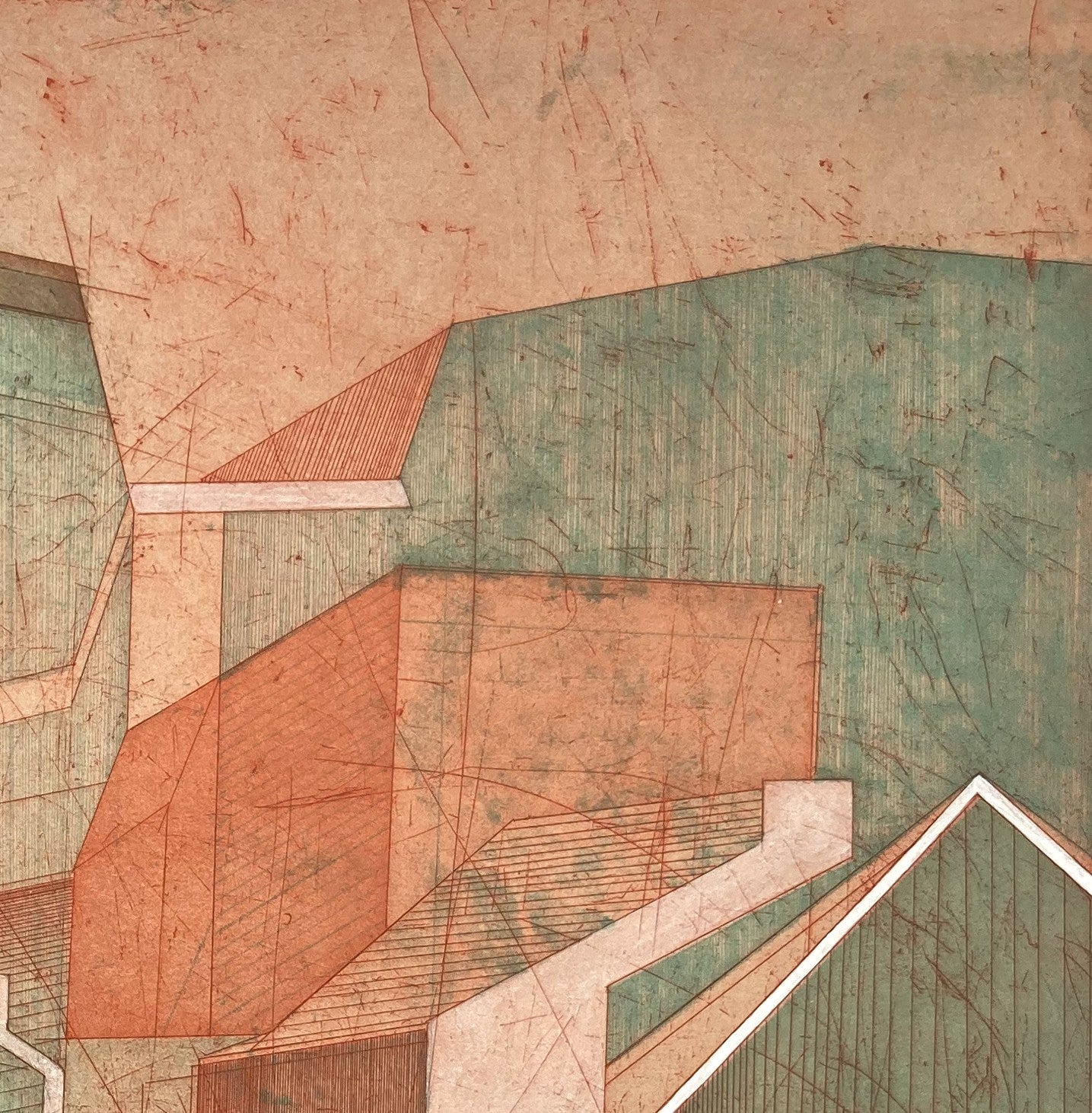 Detail: Ausschnitt mit ineinandergeschobenen Hausflächen und Giebellinien. Handkolorierte Radierung "Ferry Road" von Bronwen Sleigh RSA.