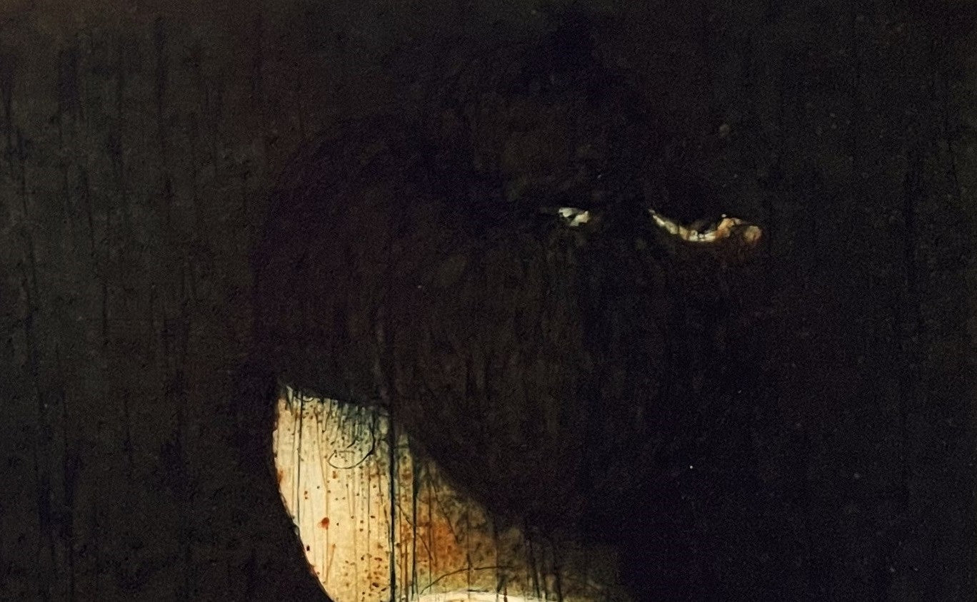 Detail: Dunkler Ausschnitt einer Figur mit erkennbarer Schulter und Halspartie. Radierung "Heart of the Night" von Stephen Lawlor.
