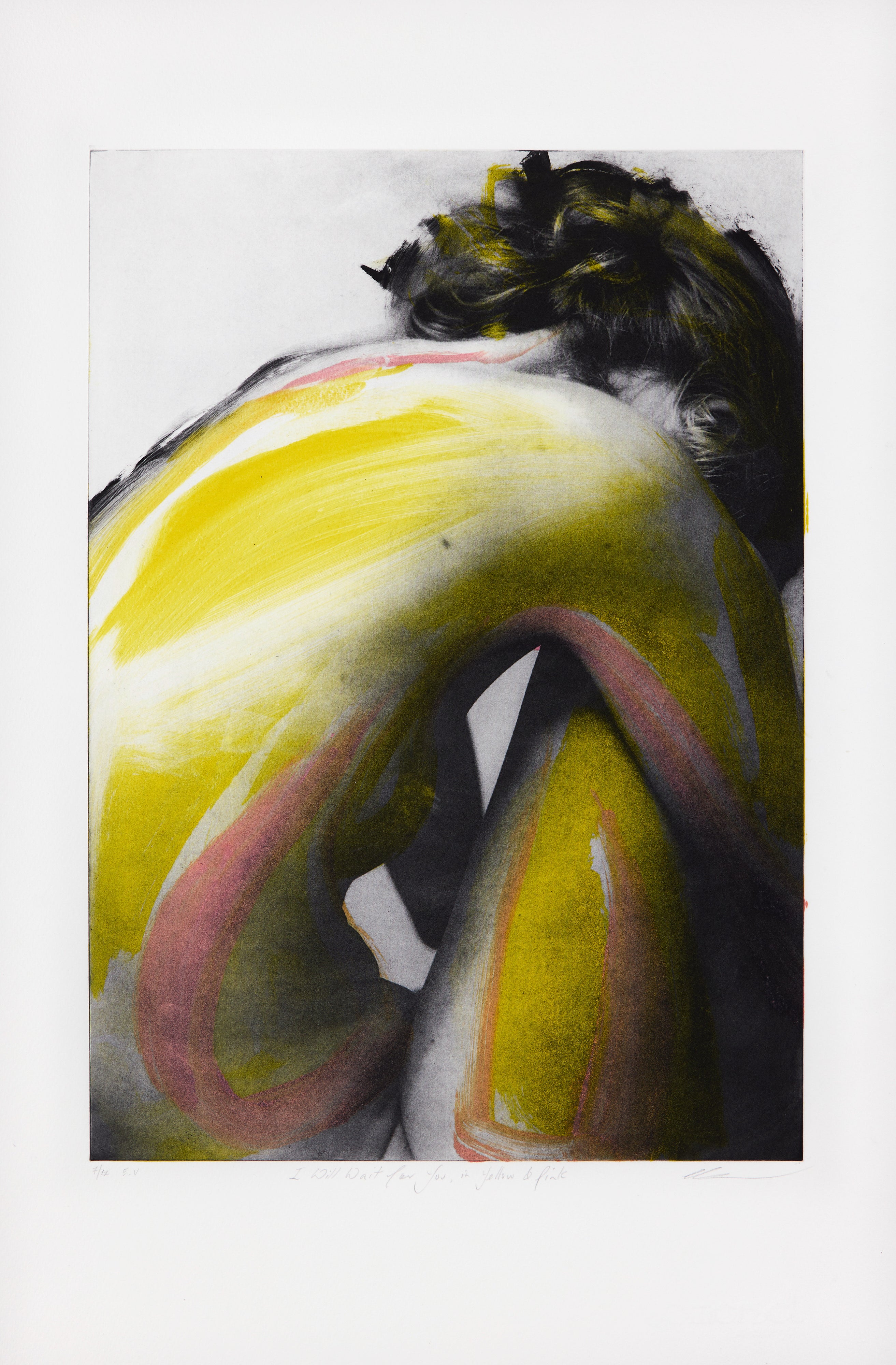 I will wait for you in Yellow & Pink (7/12) mit Papierrand, Radierung von Clare Grossman