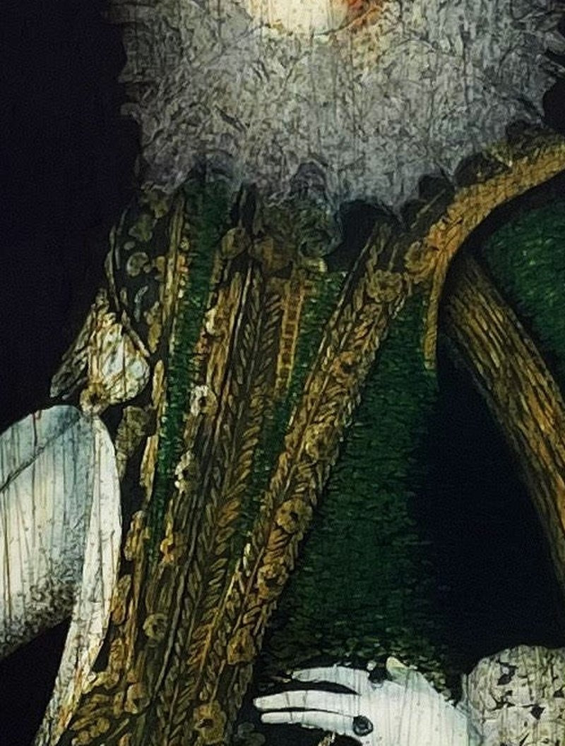 Detail: Detail eines grünen Brokatkleides mit Goldstickerei und weißer Halskrause. Radierung "Juana" von Stephen Lawlor.