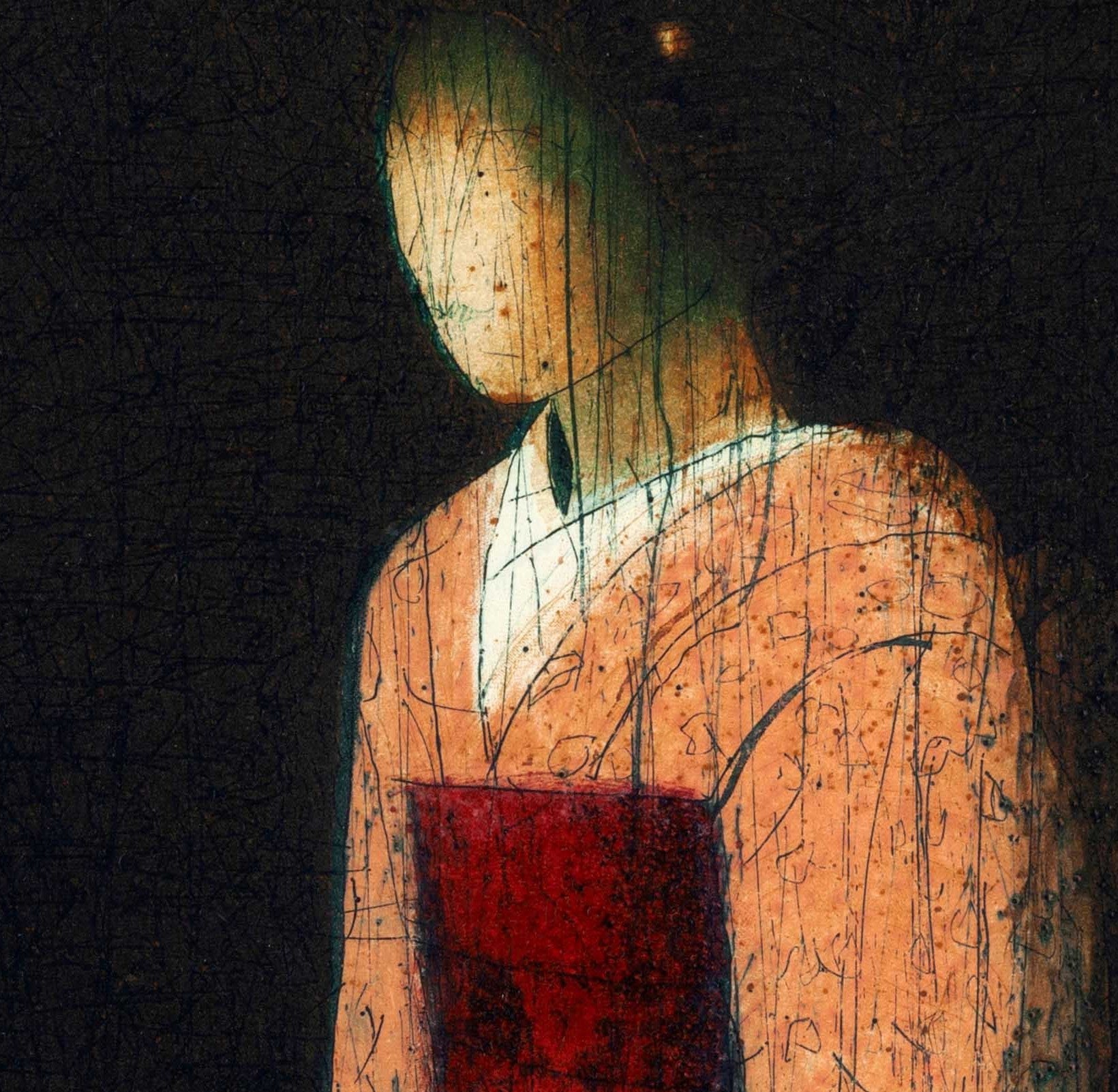 Detail: Detail einer Frauenfigur: Kopf und Oberkörper mit hellem Inkarnat und rotem Brustfeld, schwarzer Hintergrund mit feinen Linien.