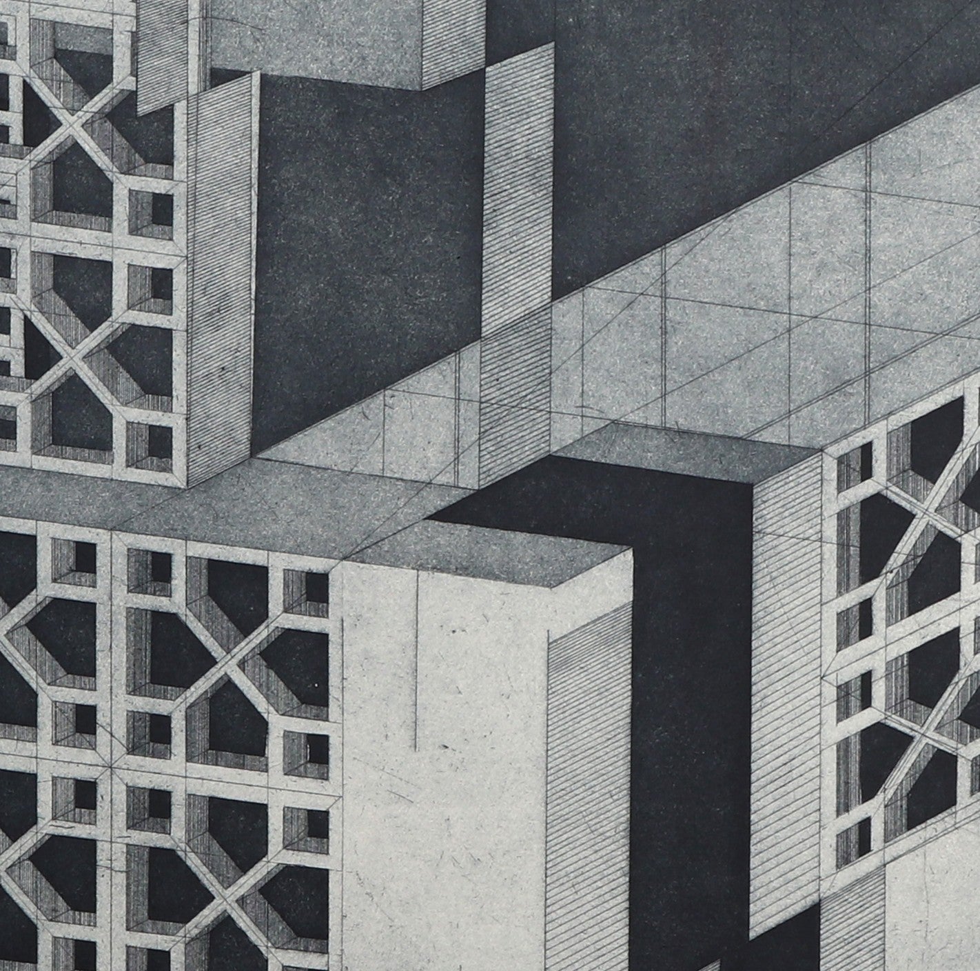 Detail: Ausschnitt mit gestapelten Kuben und perforierten Wandflächen. Radierung "Kintore Road" von Bronwen Sleigh RSA.