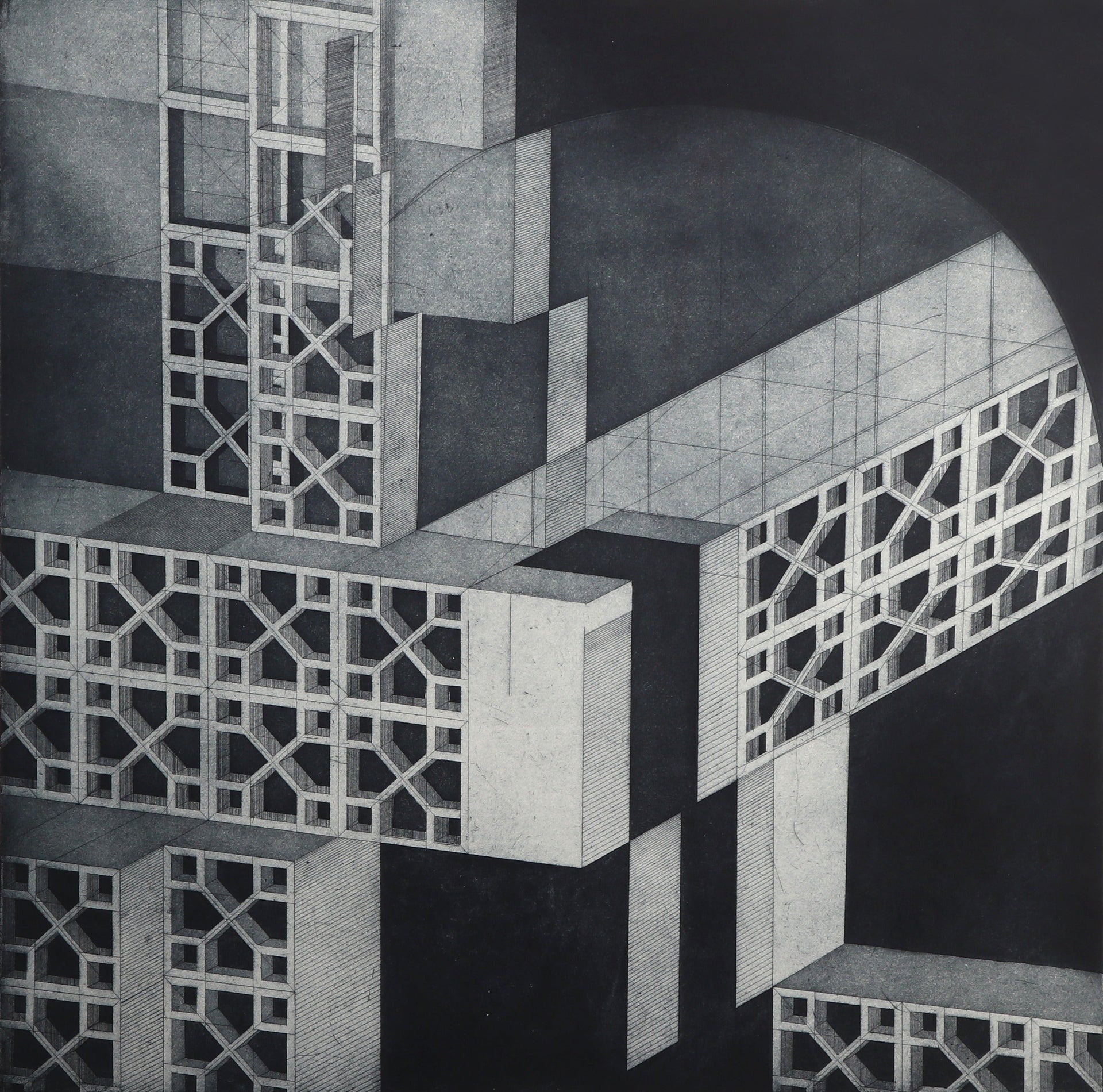 Architekturkomposition mit Bauklotz-Volumen und Sichtbetonwänden mit Lochmuster. Radierung "Kintore Road" von Bronwen Sleigh RSA.