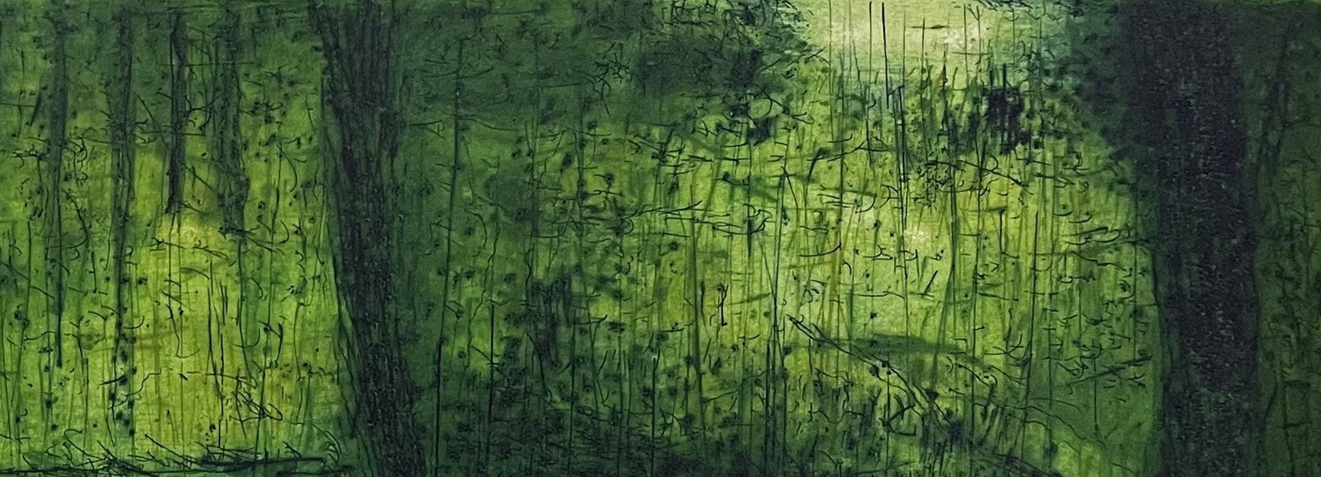 Detail: Detail einer Waldszene mit feinen schwarzen Vertikallinien und Punkten vor gelbgrüner Fläche. Radierung "Saihoji" von Stephen lawlor RE.