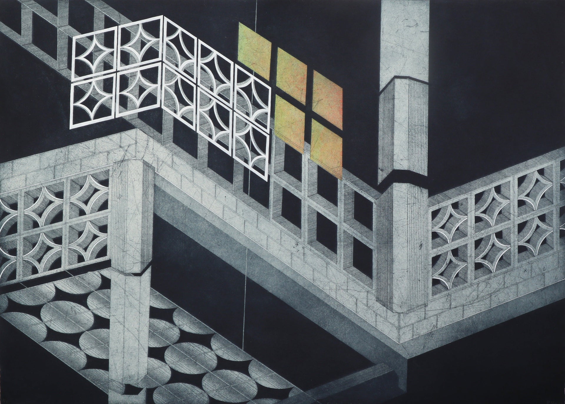Architekturansicht mit Brüstung aus dekorativem Lochstein und einer Fensterreihe. Handkolorierte Radierung "Sinclair Drive" von Bronwen Sleigh RSA.
