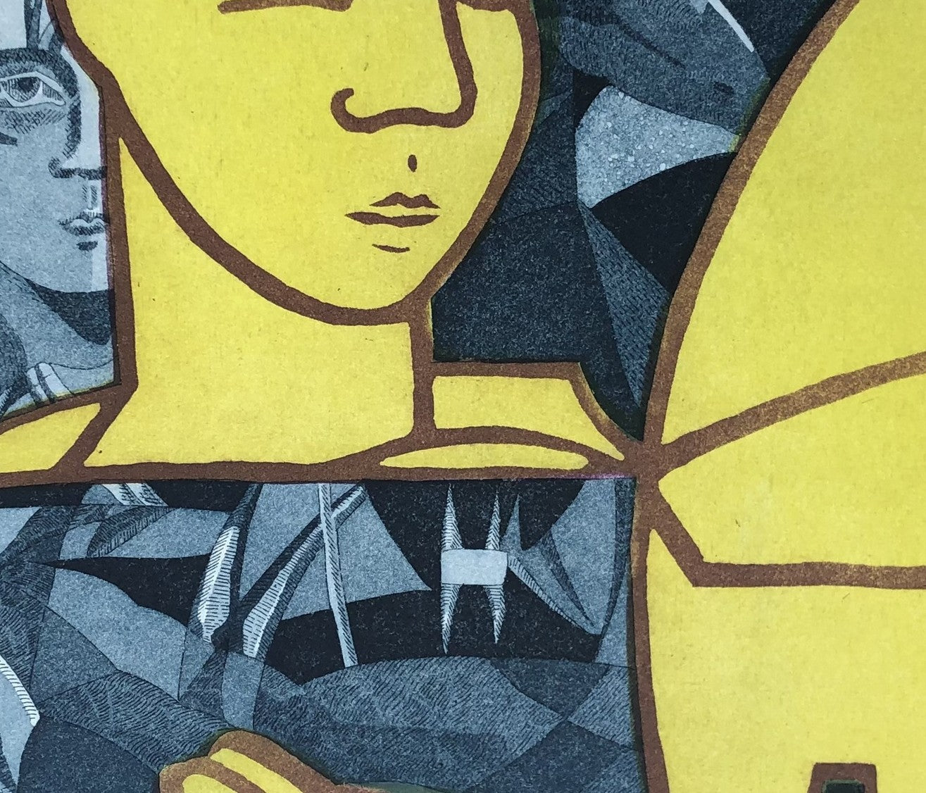 Detail: Detail eines gelben Frauengesichts mit zweiter blauer Figur im Hintergrund. Radierung "The King's Solace" von Richenda Court.
