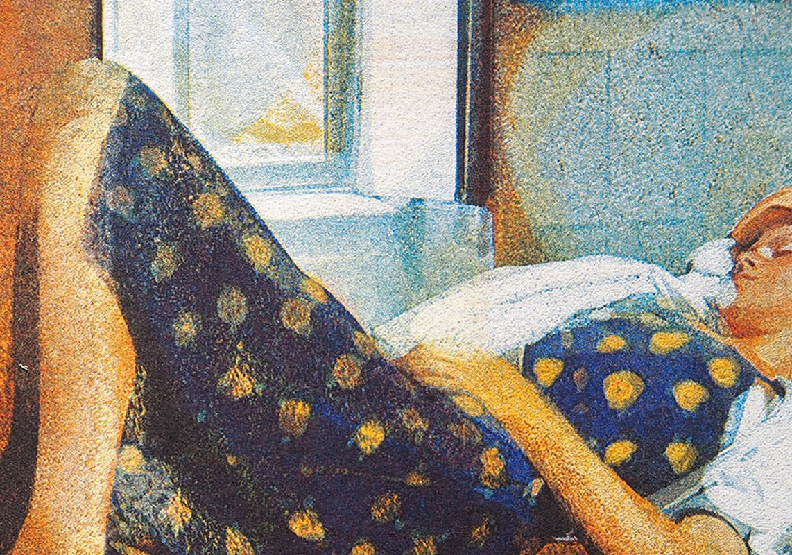 Detail: Detailansicht liegender Figur in gepunktetem Rock und gepunktetem Oberteil am Fenster. Risografie "Orlando" von Georgia Green.