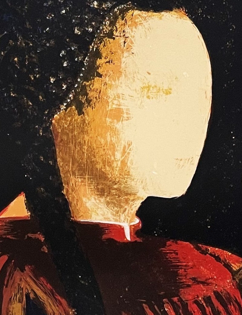 Detail: Nahaufnahme eines hellen ovalen Gesichts ohne Züge mit dunklem Haar und rotem Kragen. Siebdruck "Clarice" von Stephen lawlor RE.