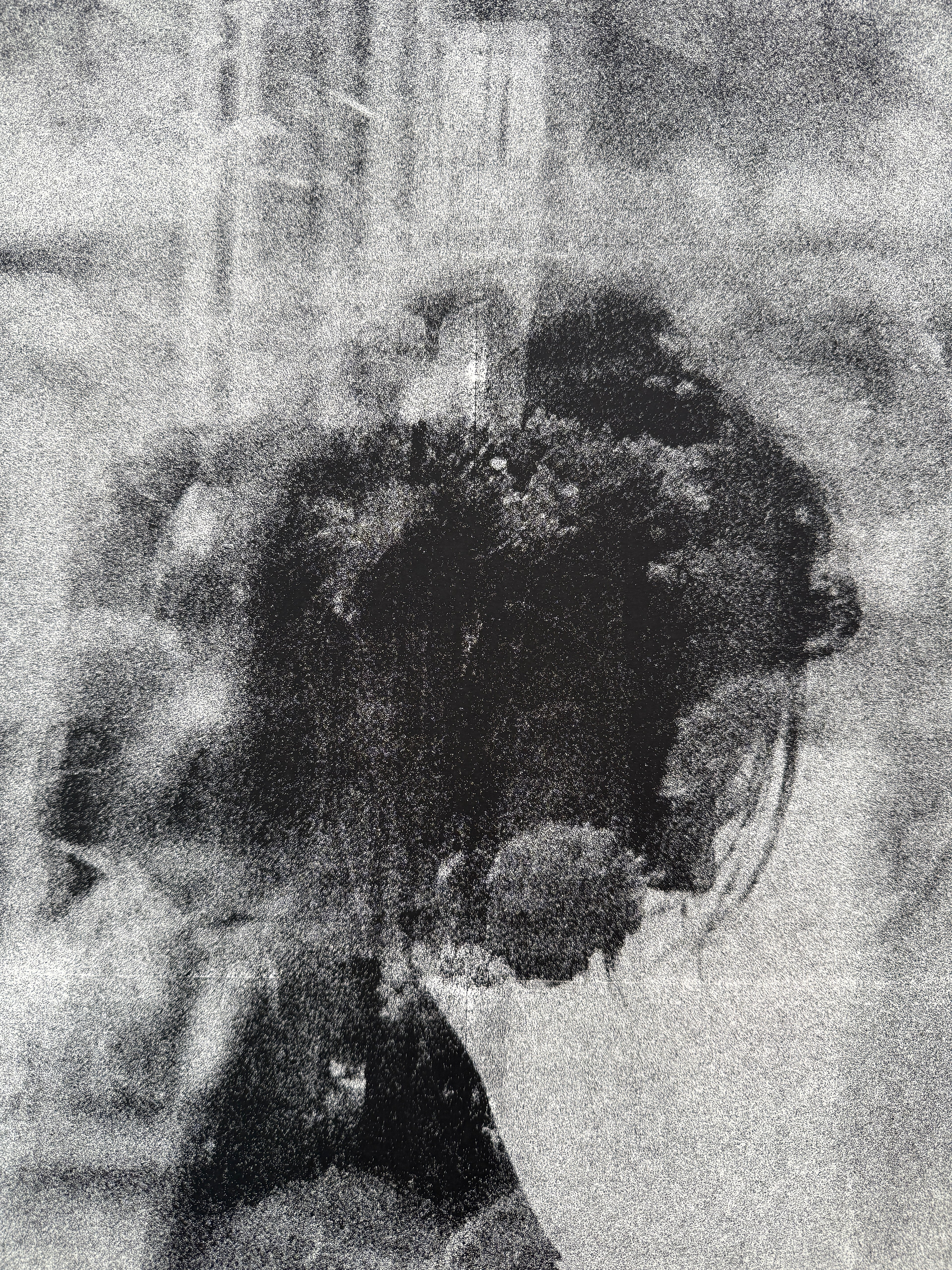 Detail: Naheinstellung einer stark körnigen Kopfpartie mit Haarknoten und Reflexionen im Hintergrund. Siebdruck "Echoes" von Antonia Reber.