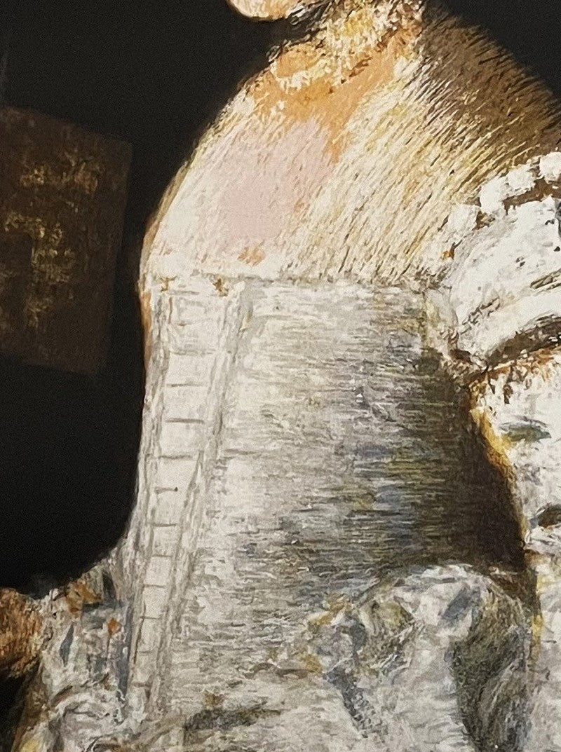 Detail: Detail eines weißgrauen Mieders und Ärmels einer Frauenfigur vor dunklem Grund. Siebdruck "Lavinia" von Stephen Lawlor.