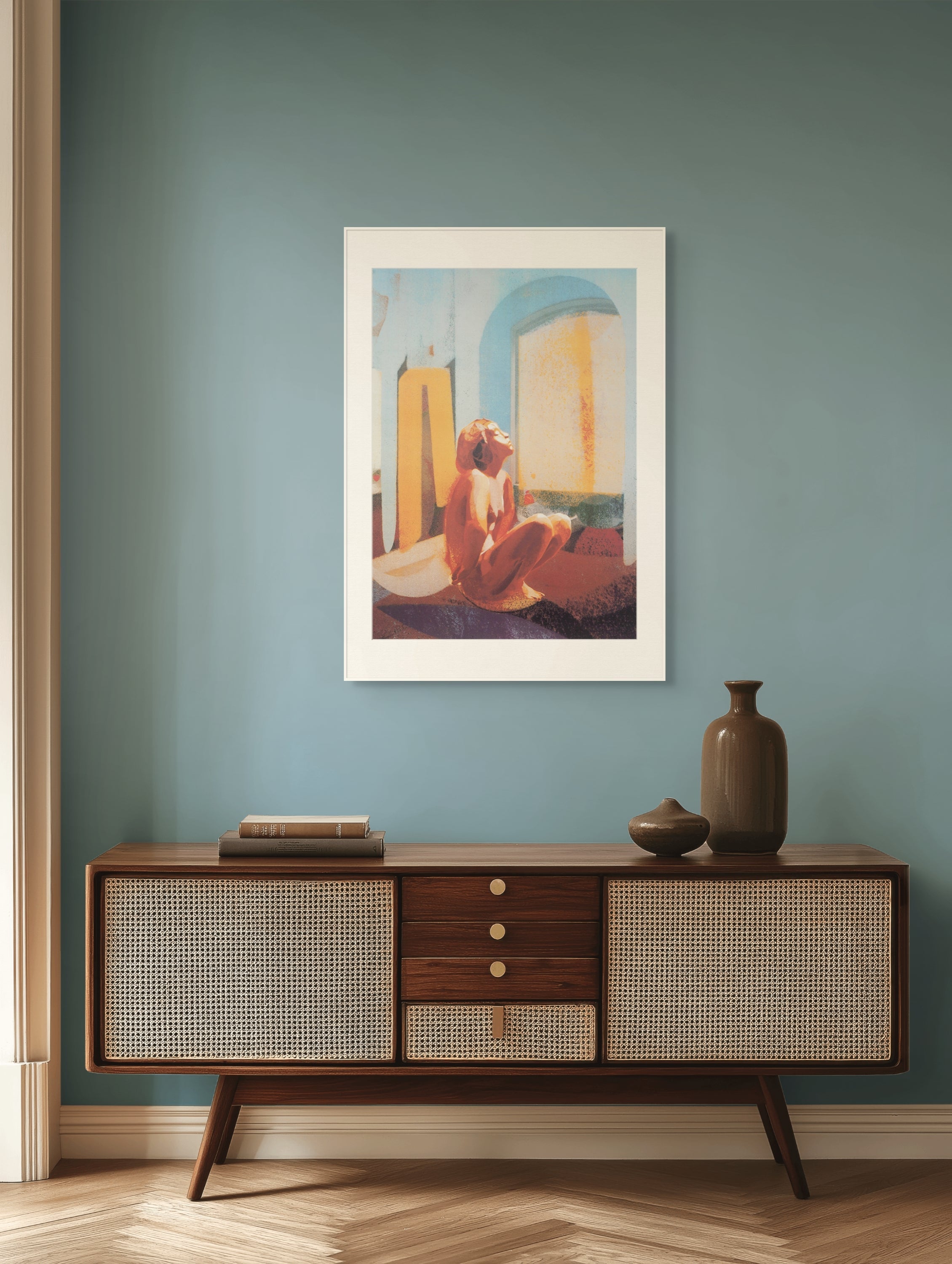 Gerahmte Siebdruck "The Other Side of Night" von Georgia Green – Gerahmter Druck mit sitzender weiblicher Aktfigur in Orange vor blau-gelbem Hintergr.