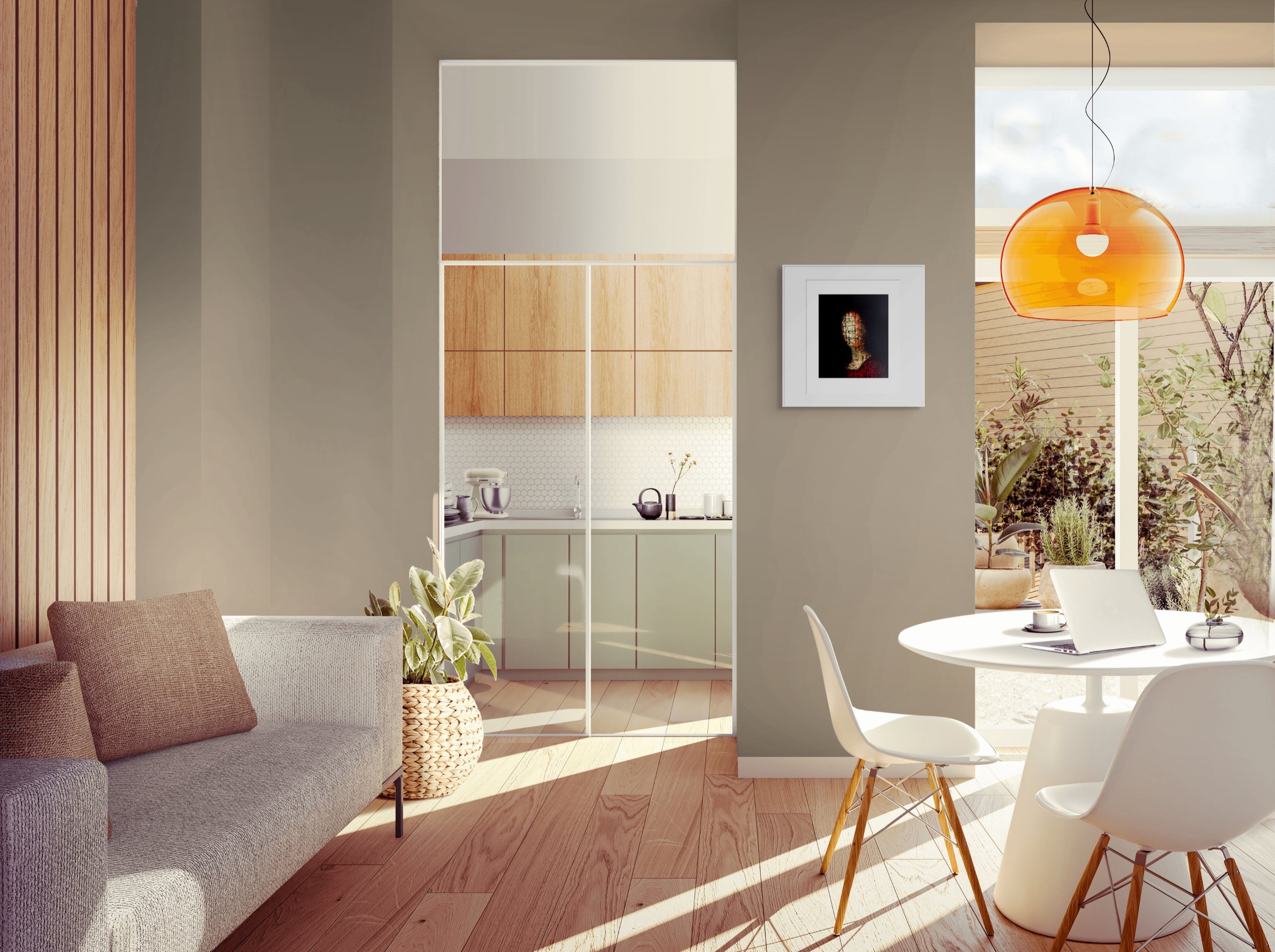 Siebdruck im weißen Rahmen in hellem Wohnzimmer mit Hängeleuchte [mockup-weiss]